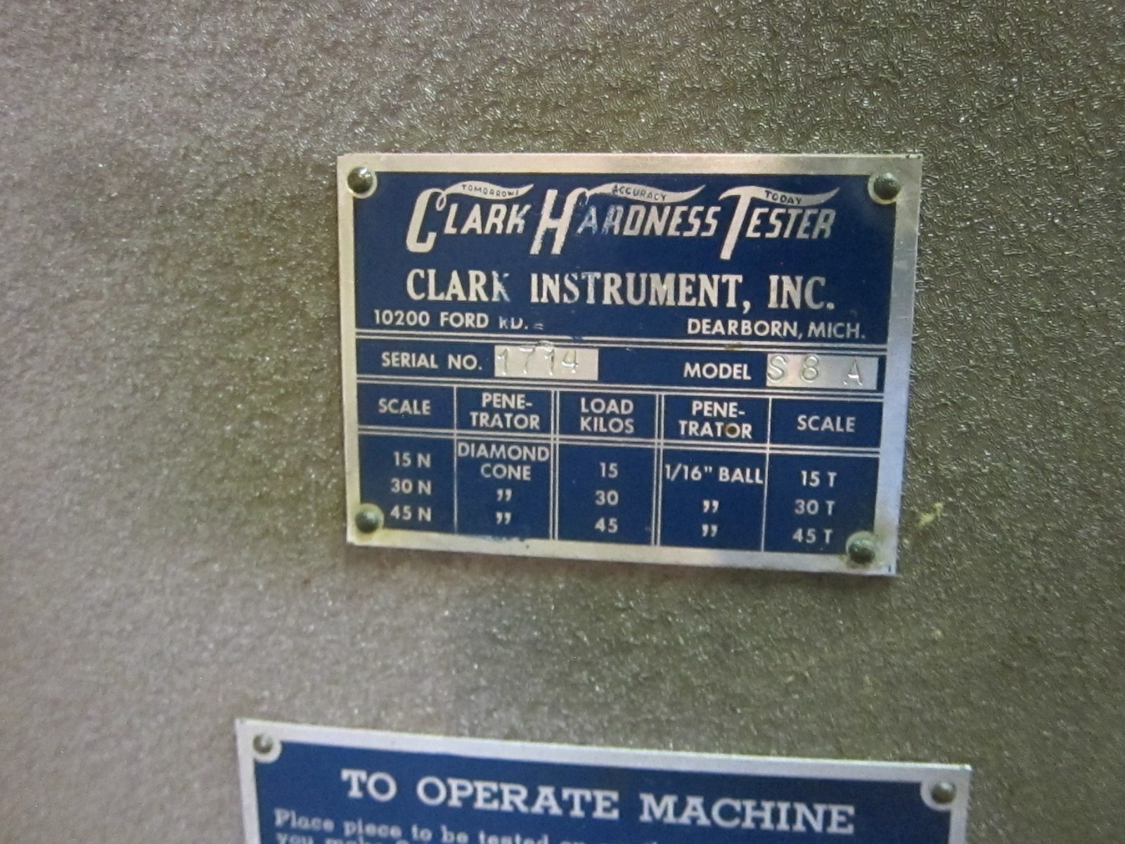 Clark Hardness Tester Model S8A, Used/Untested, Comes w/ Stand by Freight