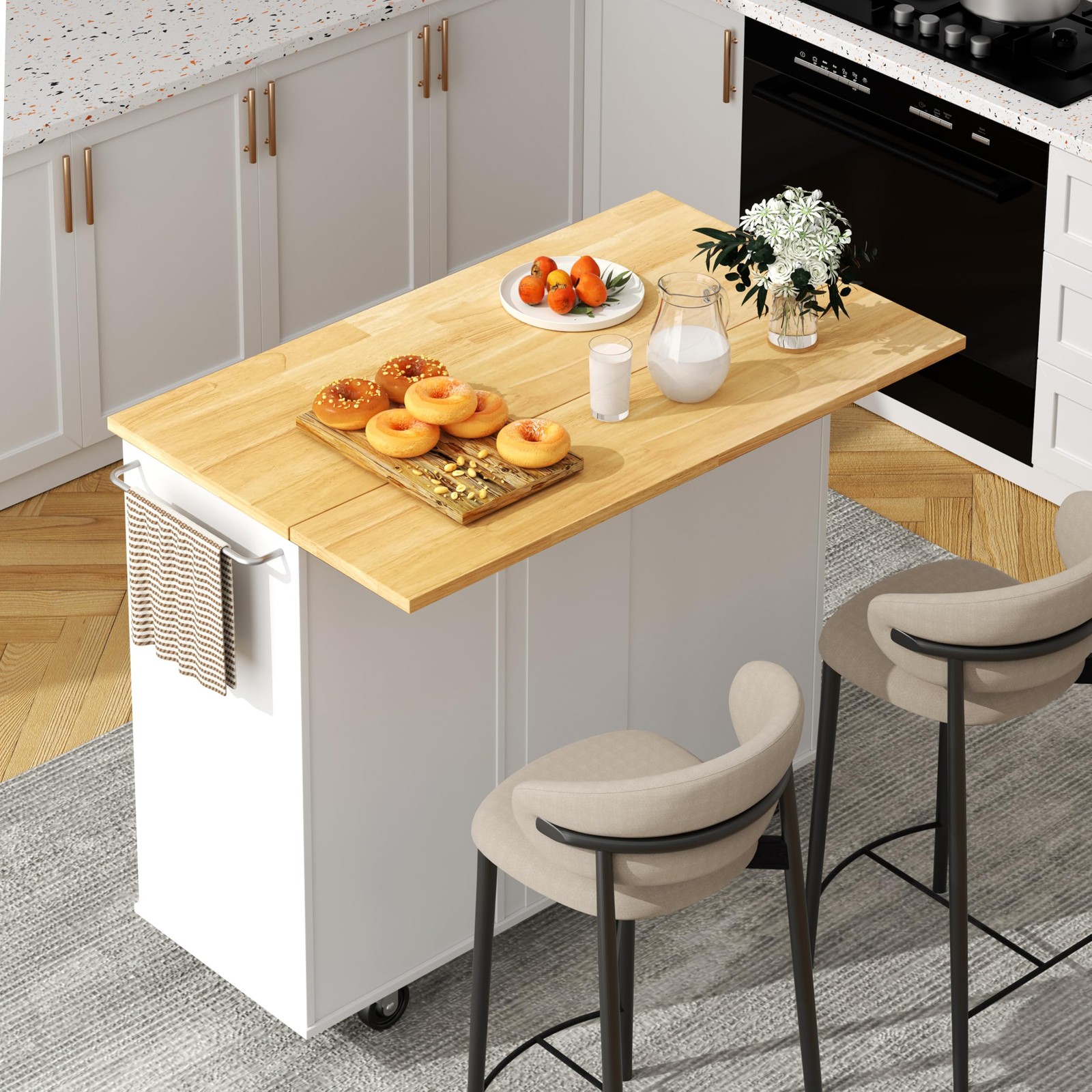 Kitchen Island with Folding Drop Leaf, Rolling Island Table with Storage, Kit...