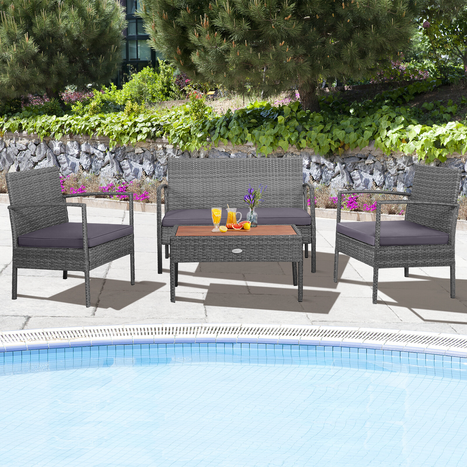 4PCS Patio Rattan Furniture Set Cushioned Chair Wooden Tabletop Outdoor Gray