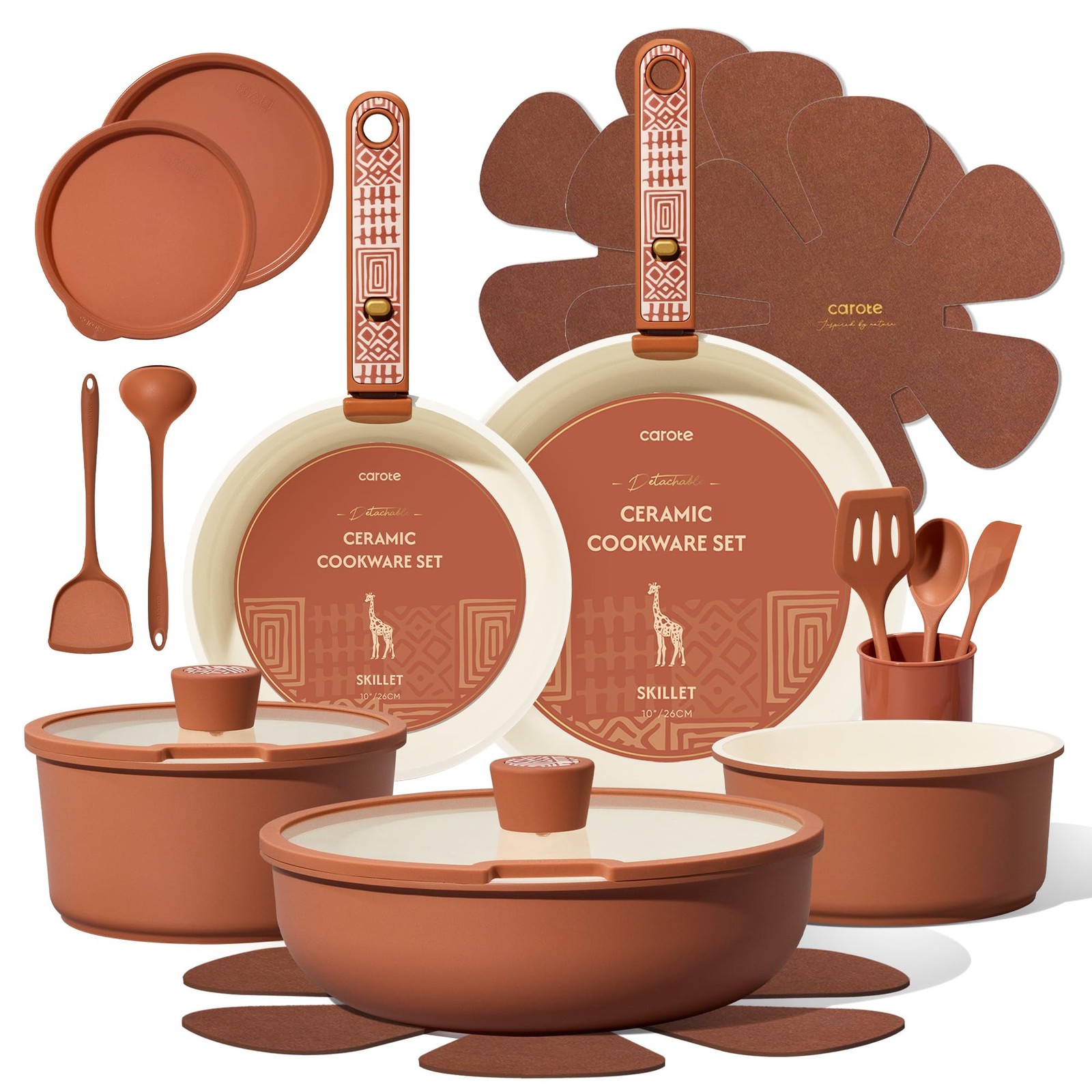 CAROTE 21-Piece Ceramic Cookware Set, Nonstick Pots and 21 Piece, Terracotta