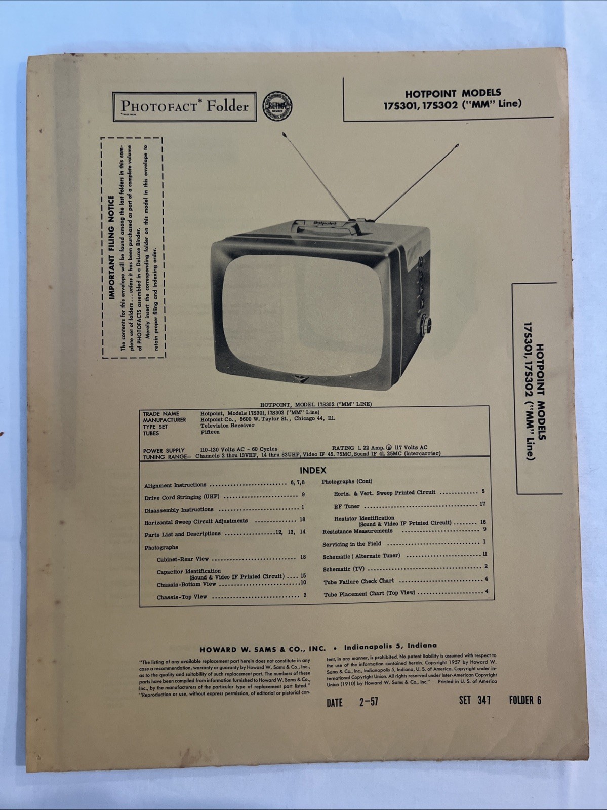 Vintage Sams Photofact Schematic 2-1957 HOTPOINT MODELS 17S301, 17S302 (MM Line)