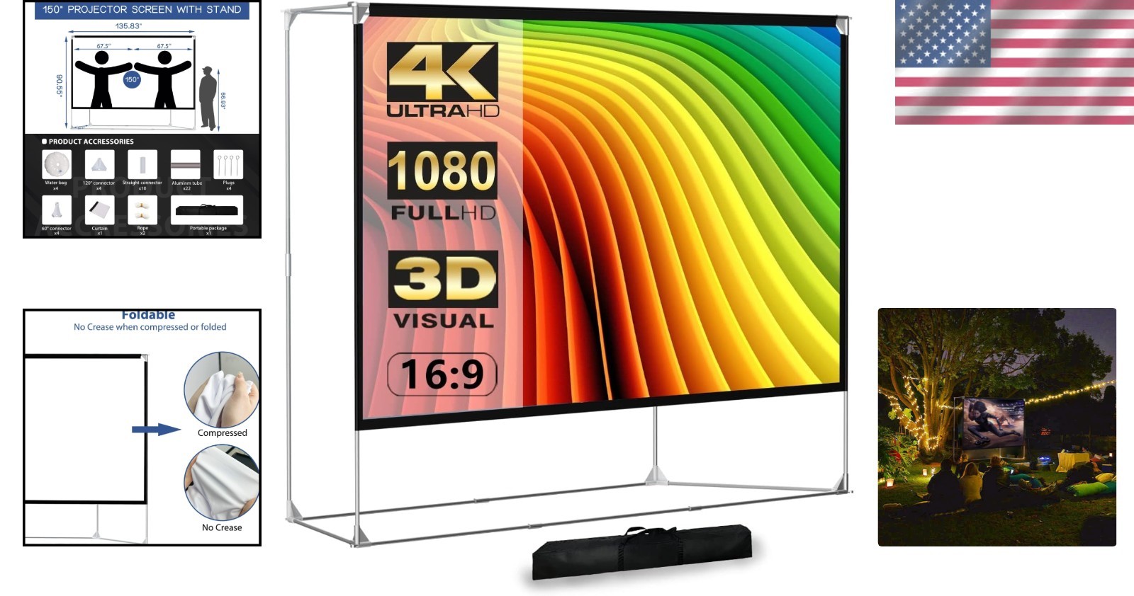Portable 150" Projection Screen Anti Crease Design