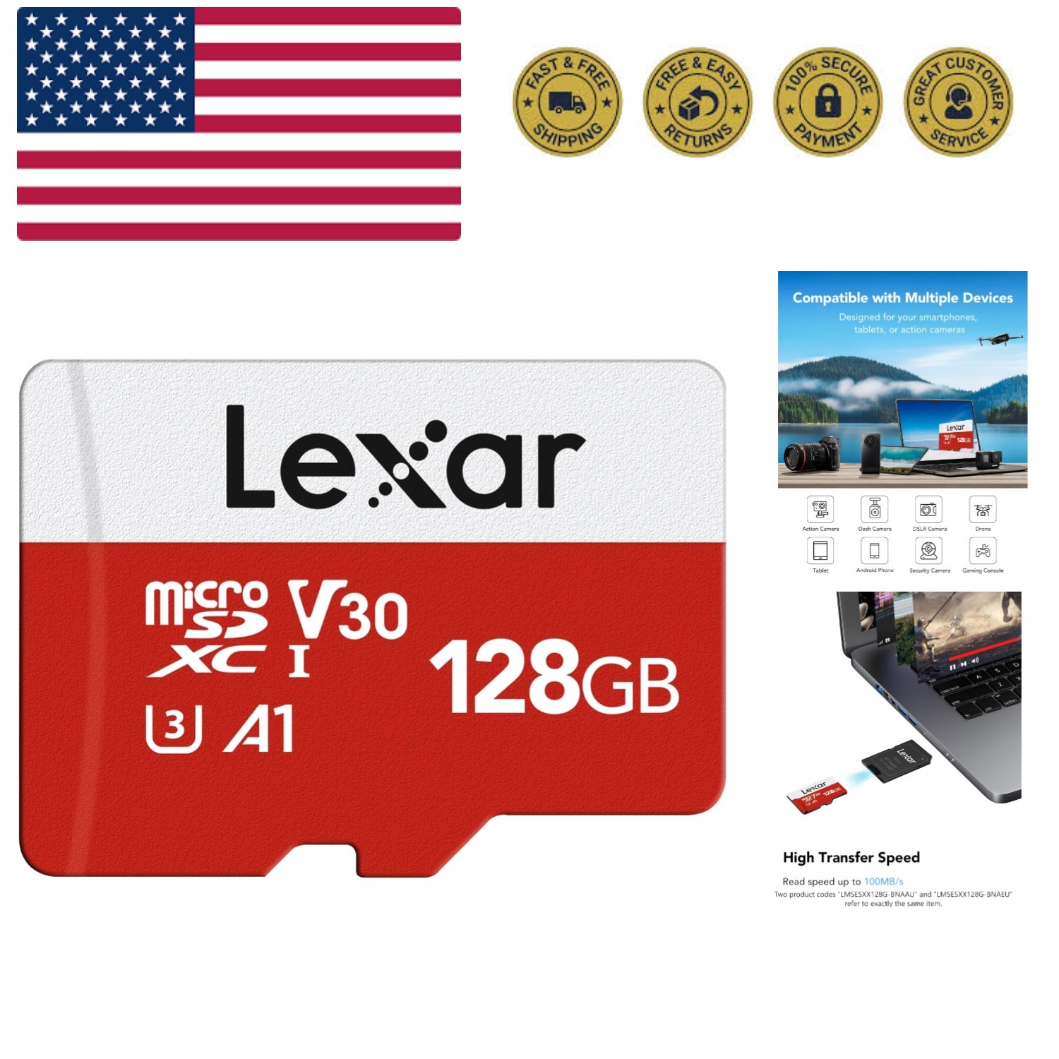 128GB Micro SD Card, microSDXC UHS-I Flash Memory Card with Adapter - Up to 1...