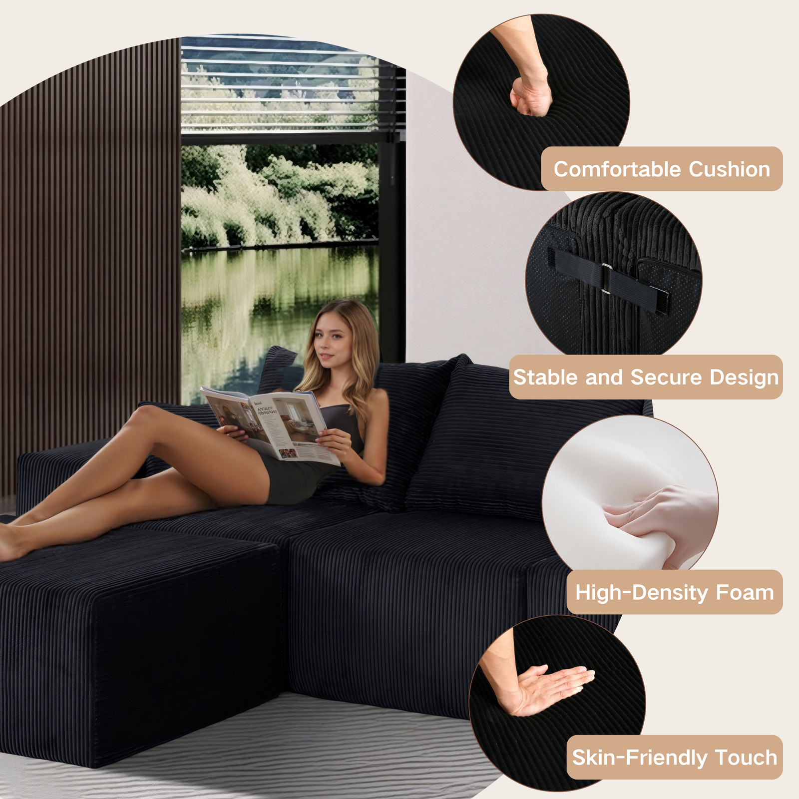(Old SKU:W3163S00040)6-Piece Modular U-Shaped Sectional Sofa in Black, Convertib