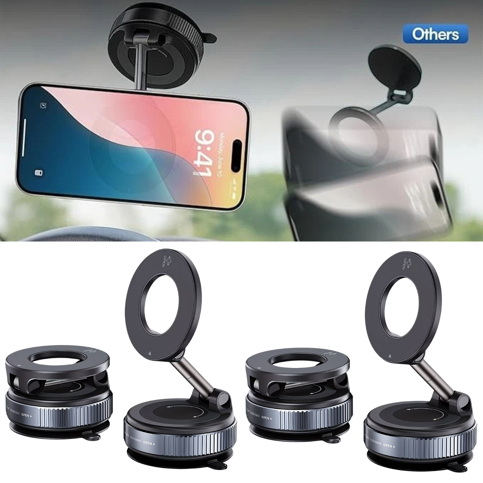 2 Pack Vacuum Magnetic Phone Holder Suction Cup Car Mount w/ Foldable Stand