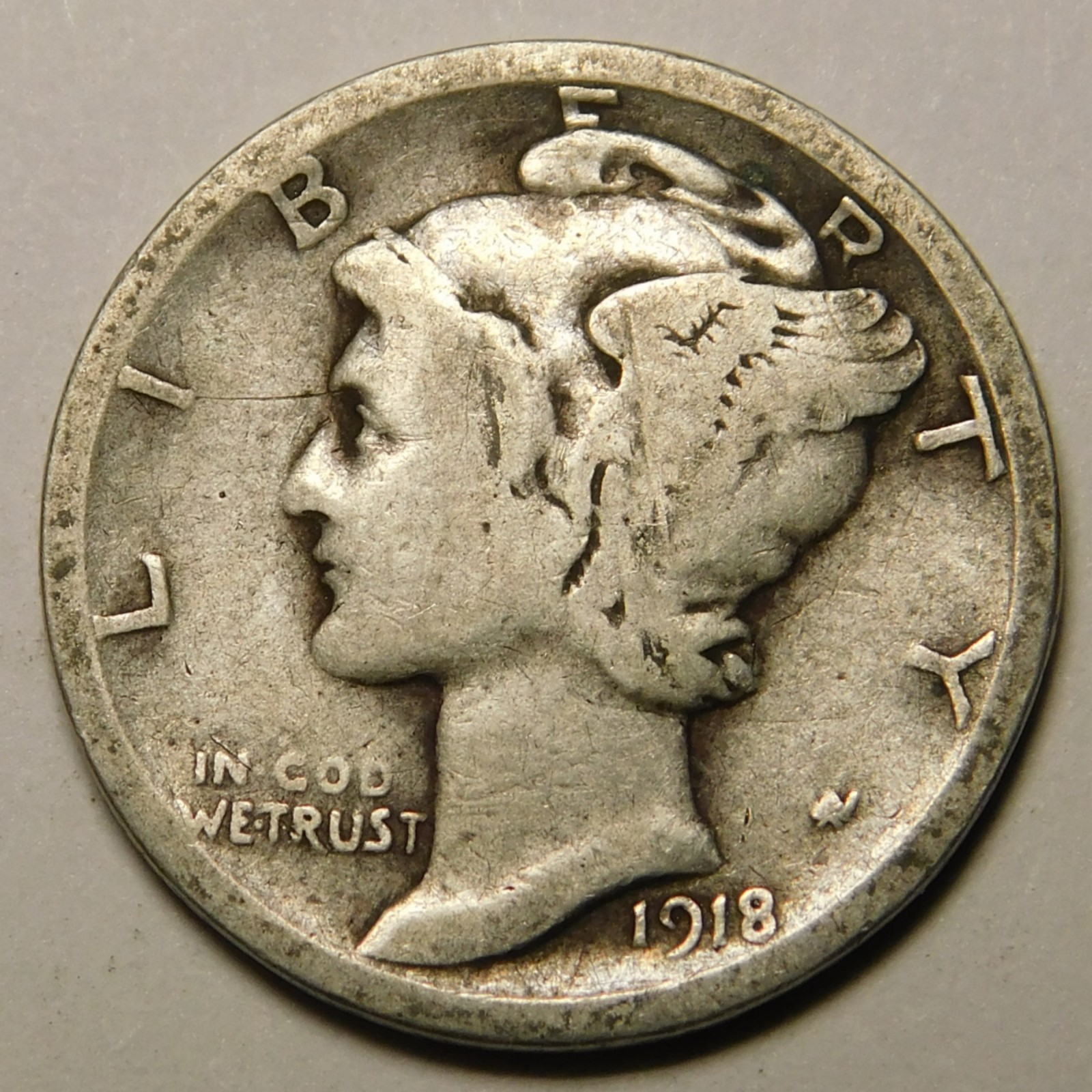 1918 S Mercury Dime 90% Silver G-VG  "Actual Coin Pictured - Not Cleaned"