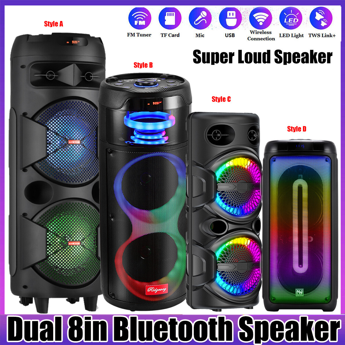 Bluetooth Speaker Dual 8in Subwoofer Stereo System Loud Sound Party Speaker AUX