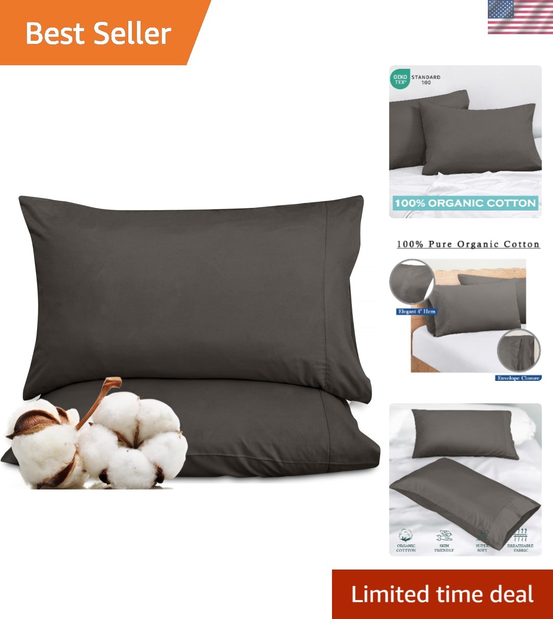 Breathable Cotton Pillowcases for Queen Beds - 20x30 Inches, OEKO-TEX Certified
