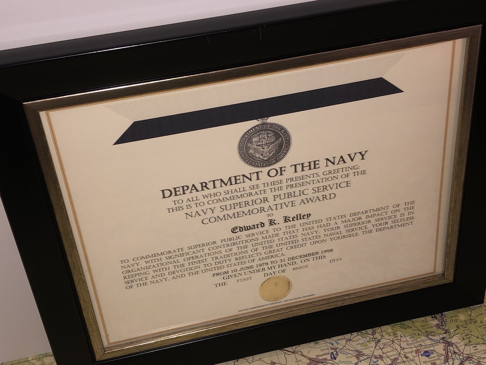 NAVY SUPERIOR PUBLIC SERVICE COMMEMORATIVE AWARD CERTIFICATE Type-1