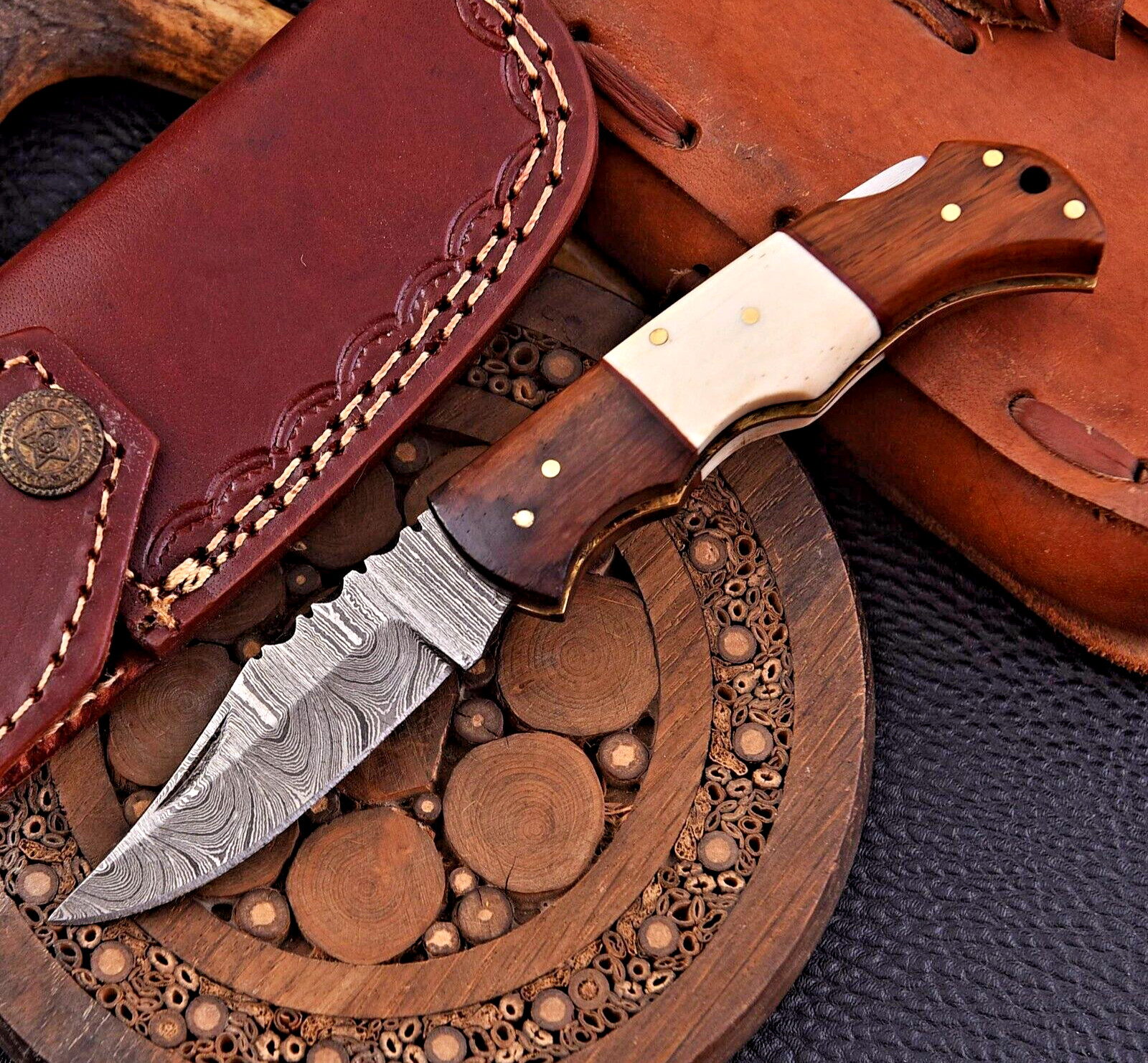 Handmade Forged Damascus Steel Folding Blade Pocket Knife W/ Leather Sheath 2720