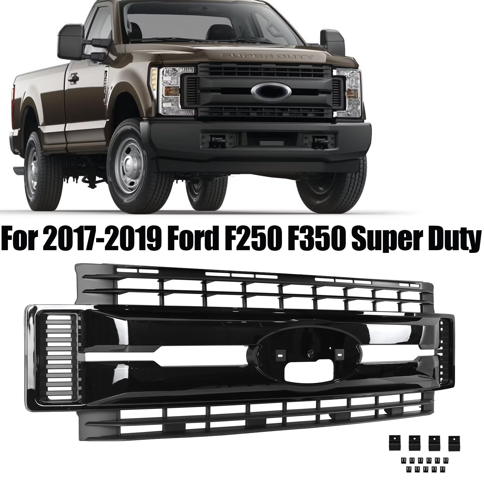 Glossy Black Front Bumper Grille Grill For 2017-2019 Ford F250 F350 Super Duty