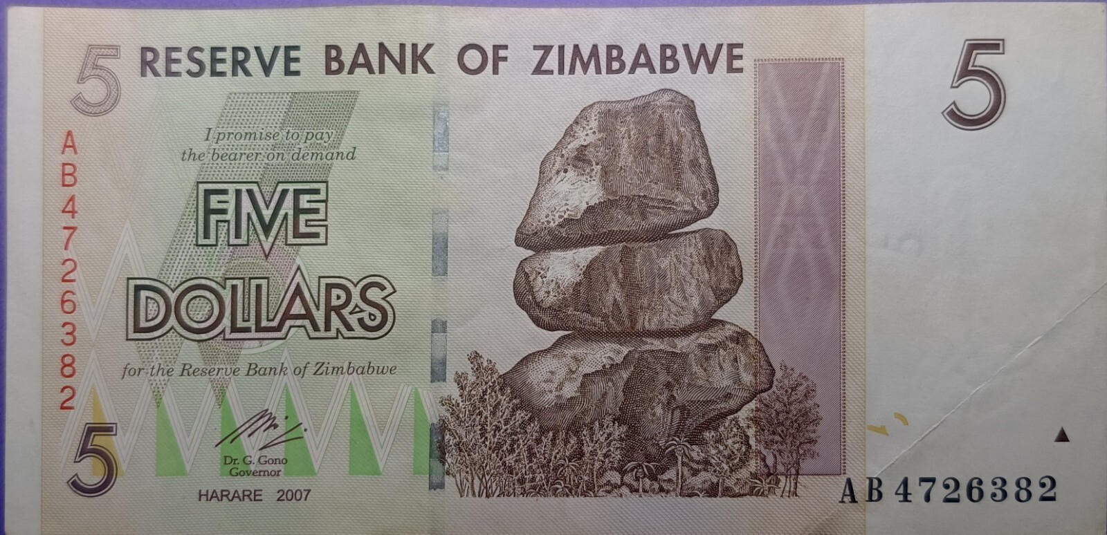 Zimbabwe: P#66 1 x 5 Dollar 2007 Circulated Banknote (VF-XF) - UK Seller