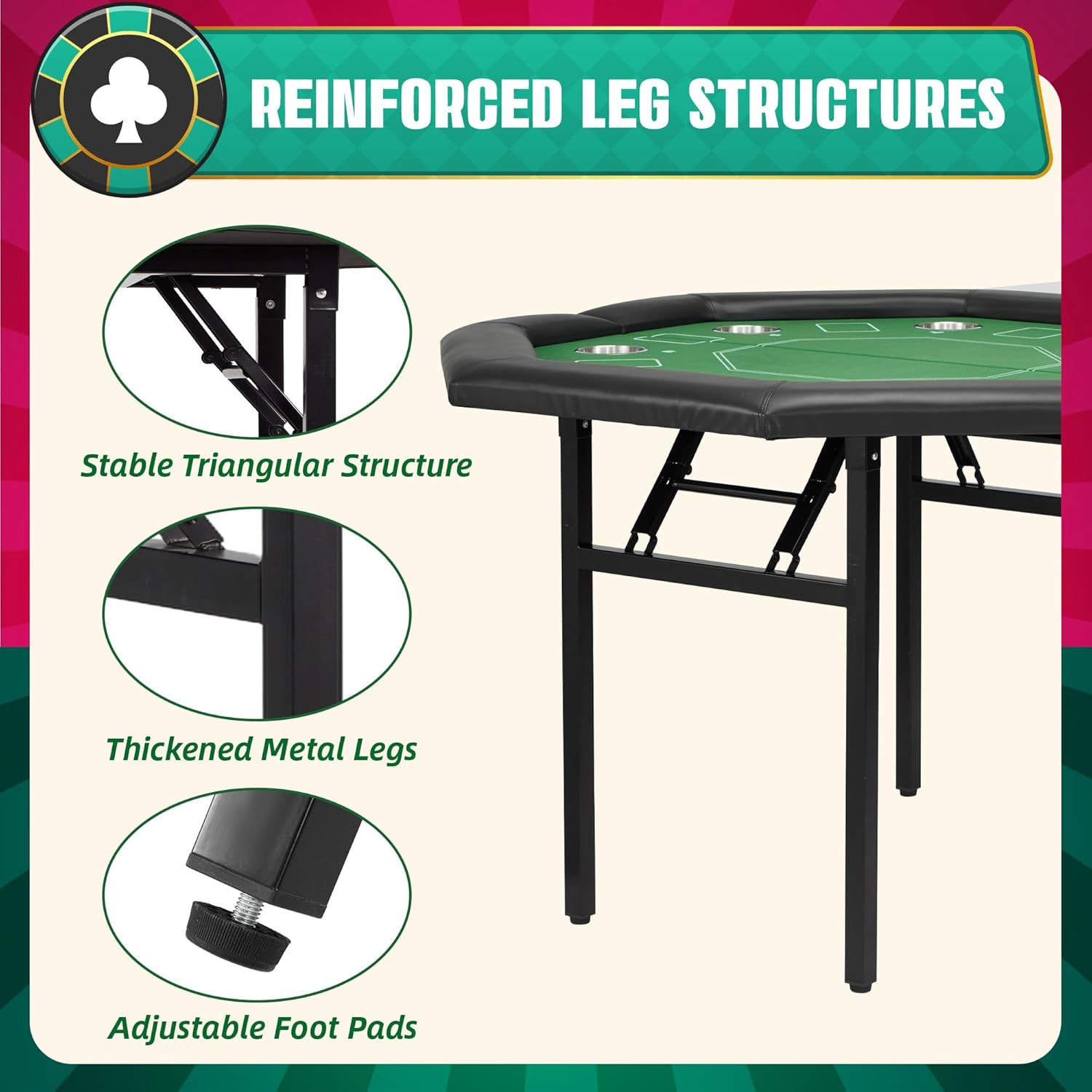 8-Player Poker Table Foldable, Casino Leisure Gaming Table with Padded Rails & S