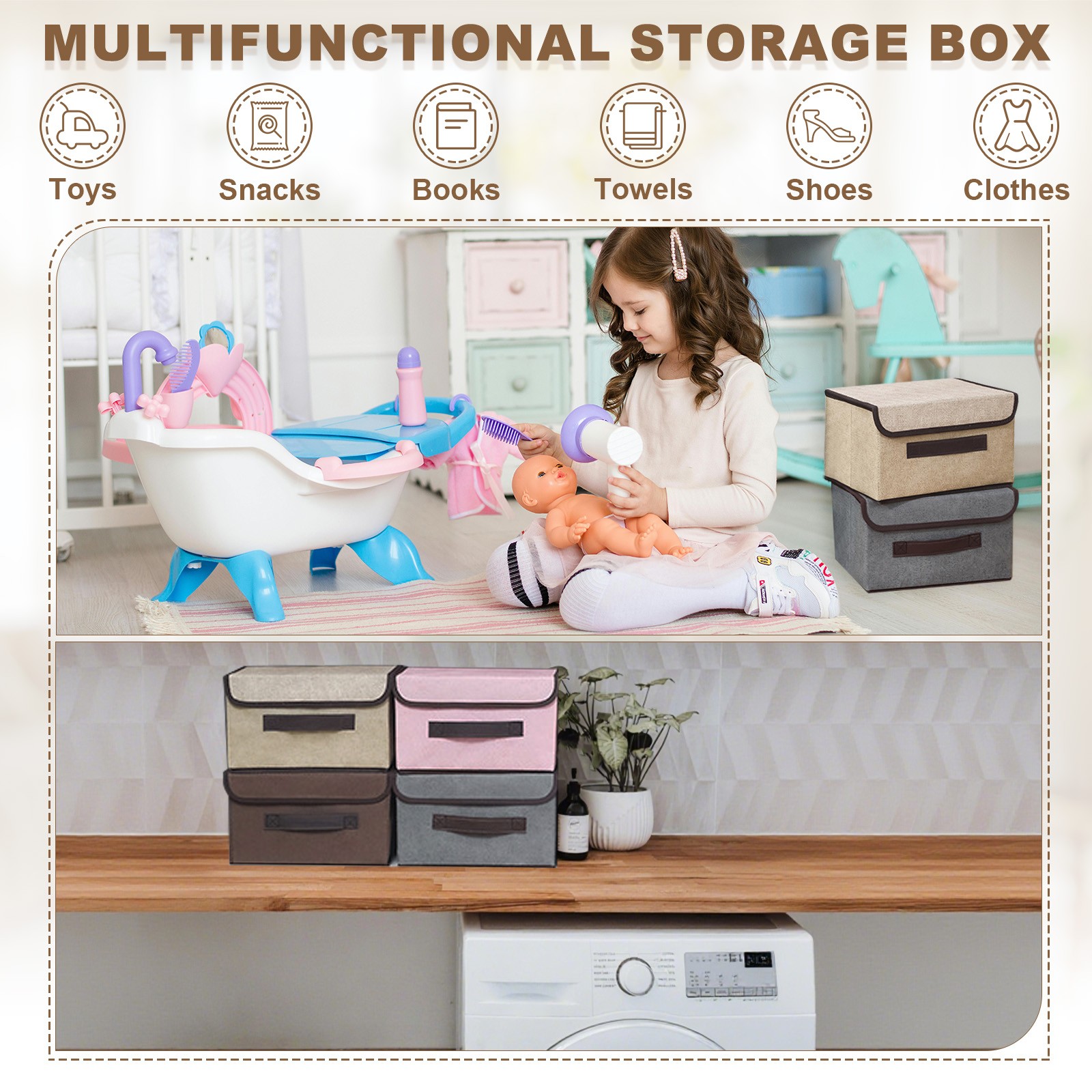 2Pcs Storage Bin with Lid Fabric Storage Box for Keepsake(Beige Yellow, S & L)