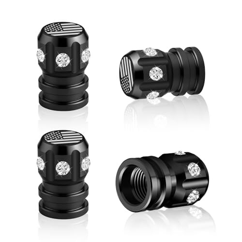 4 Pack Valve Stem Caps, Aluminum Tire Air Caps, with Mini American Flag Black