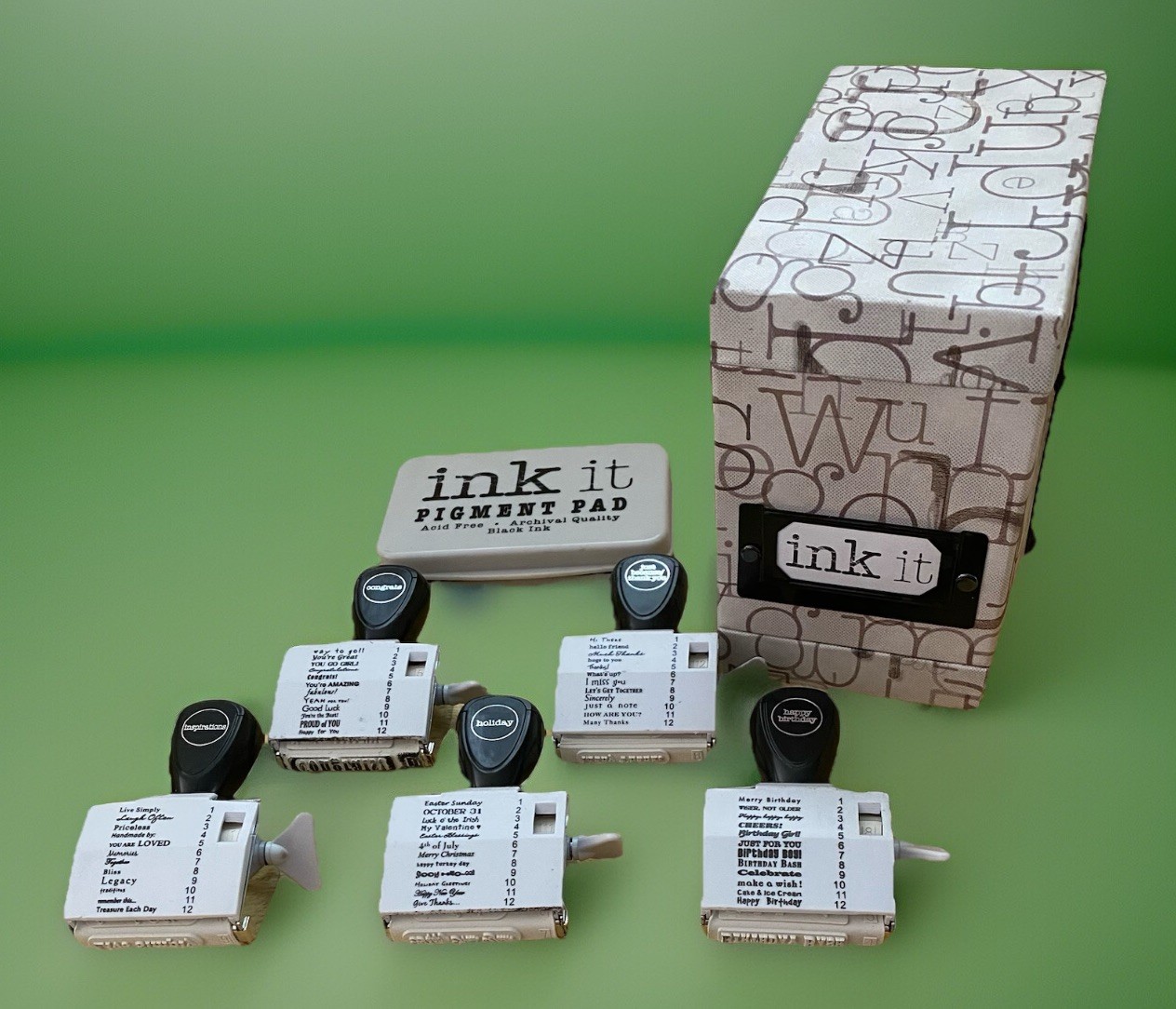 INK IT Stamp Set w/ 60 Messages. Ink Pad, 5 Stampers & Small Handy Carry Case.