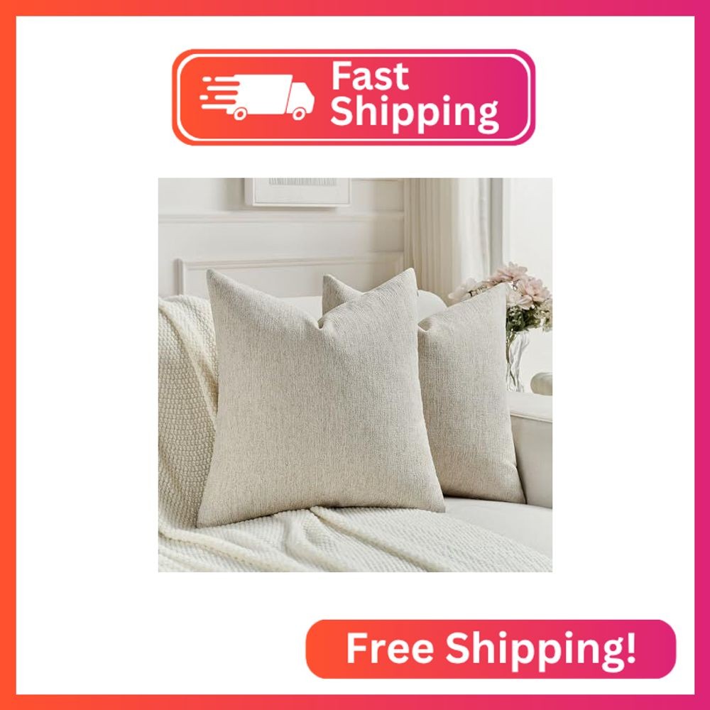 FUTEI Natural Linen Chenille Decorative Throw Pillow Covers 18x18 Inch Set of 2,