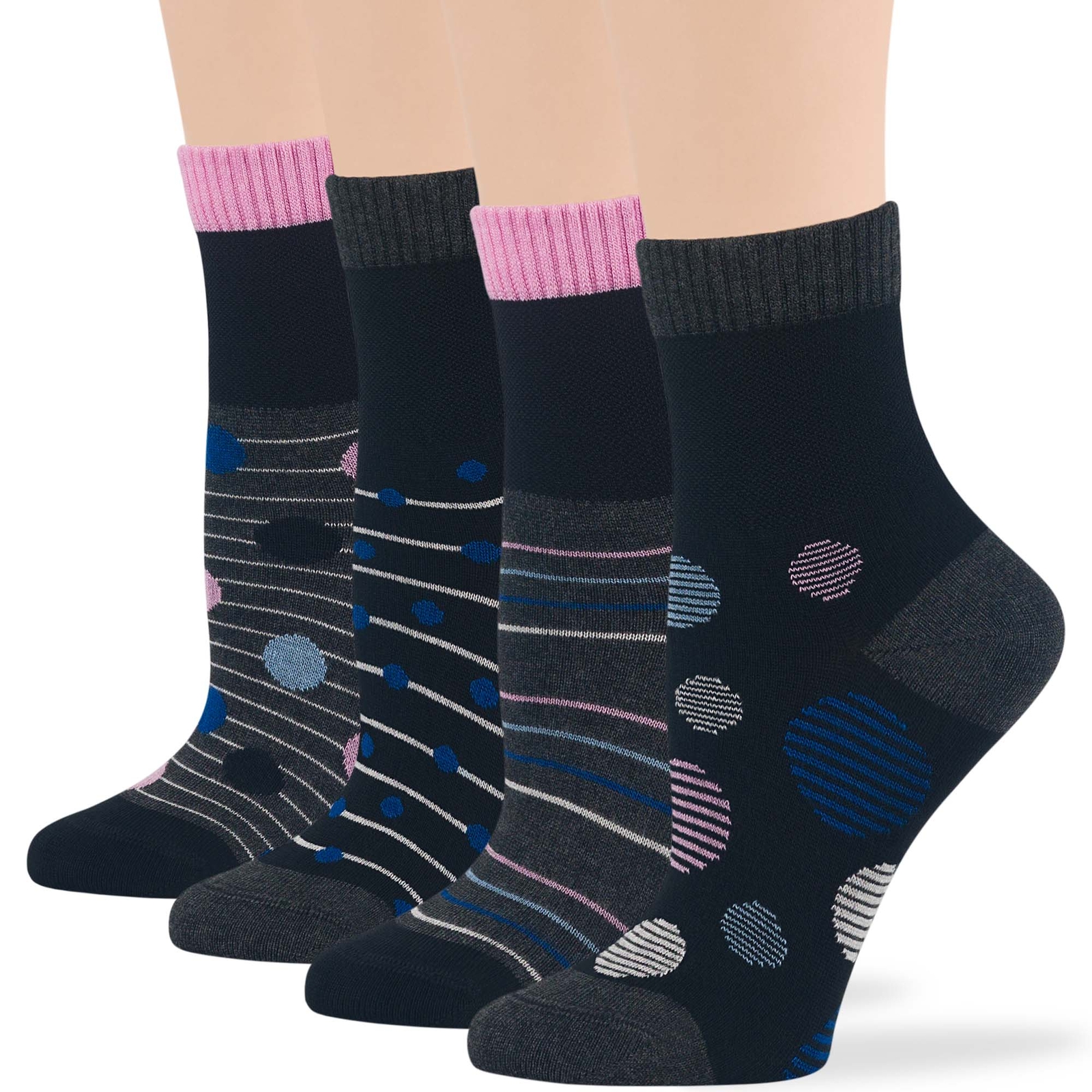 Women Bamboo Diabetic Pattern Quarter Socks Medium 4 Pack Dot Stripe Grey Black