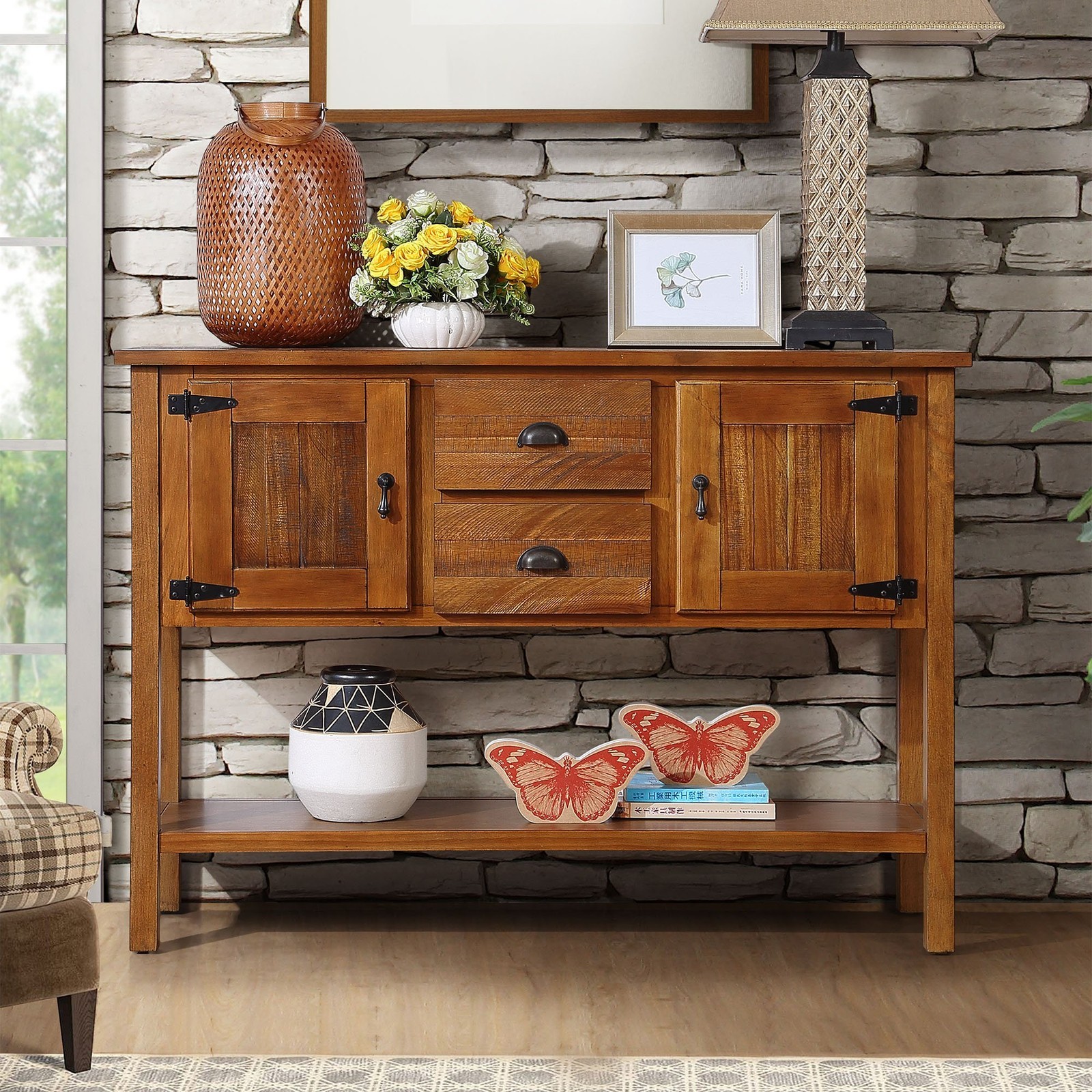 46'' Solid Wood Sideboard Retro Console Table with 2 Drawers & Cabinets