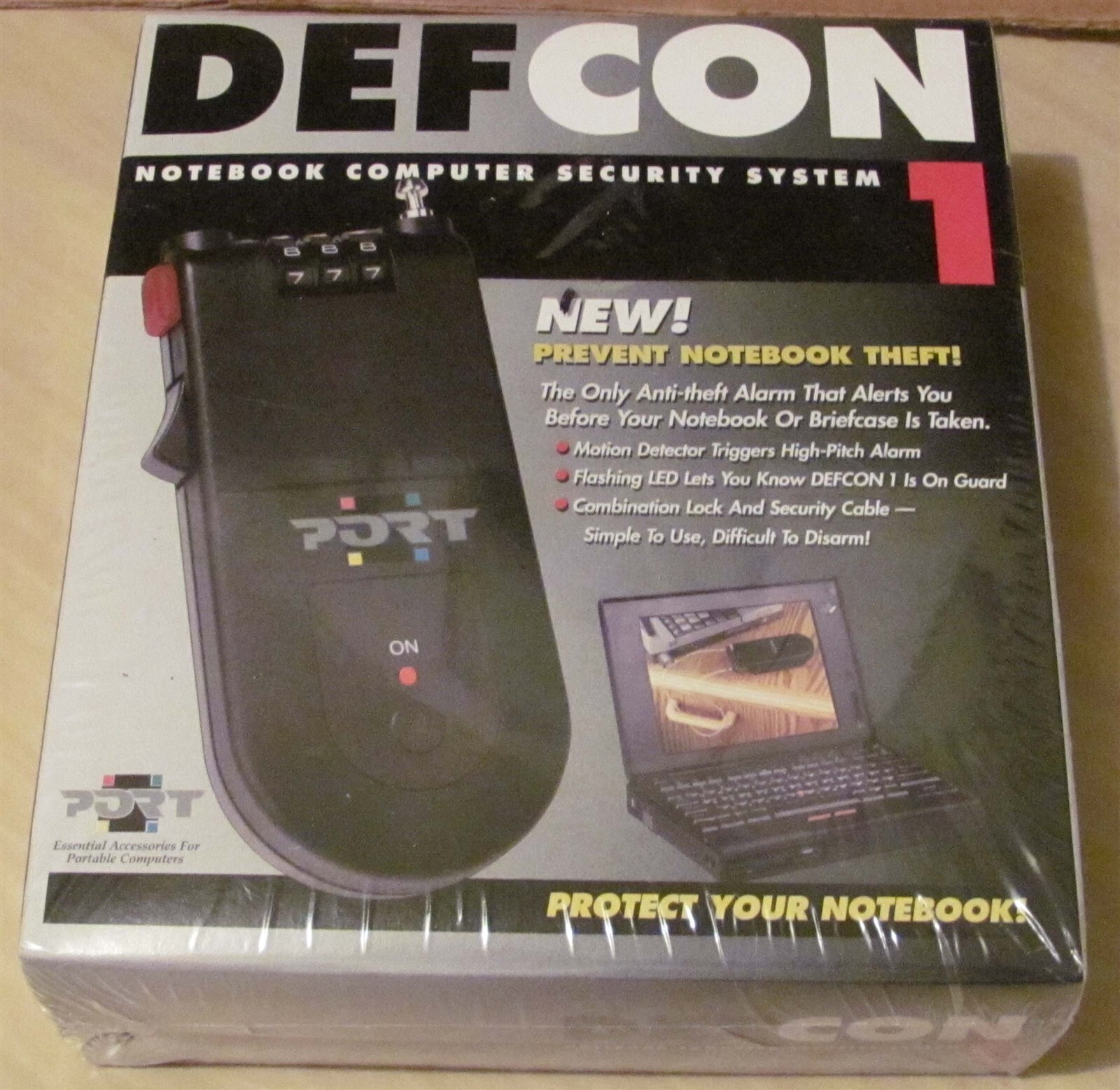 DEFCON 1 NOTEBOOK COMPUTER SECURITY SYSTEM (Prevent notebook/briefcase theft!)