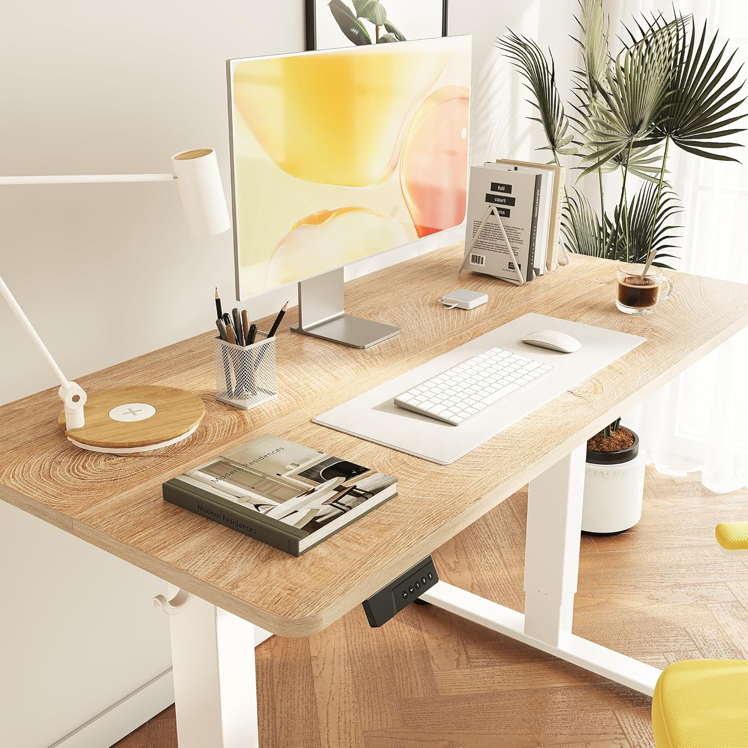 Electric Adjustable Standing Desk 48"x24" - White Frame & Maple Top