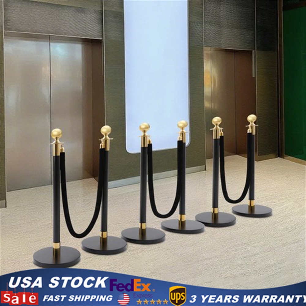 6PCS Black+Gold Stanchion Posts Queue Pole w/ 4 1.5M Ropes Crowd Control Barrier