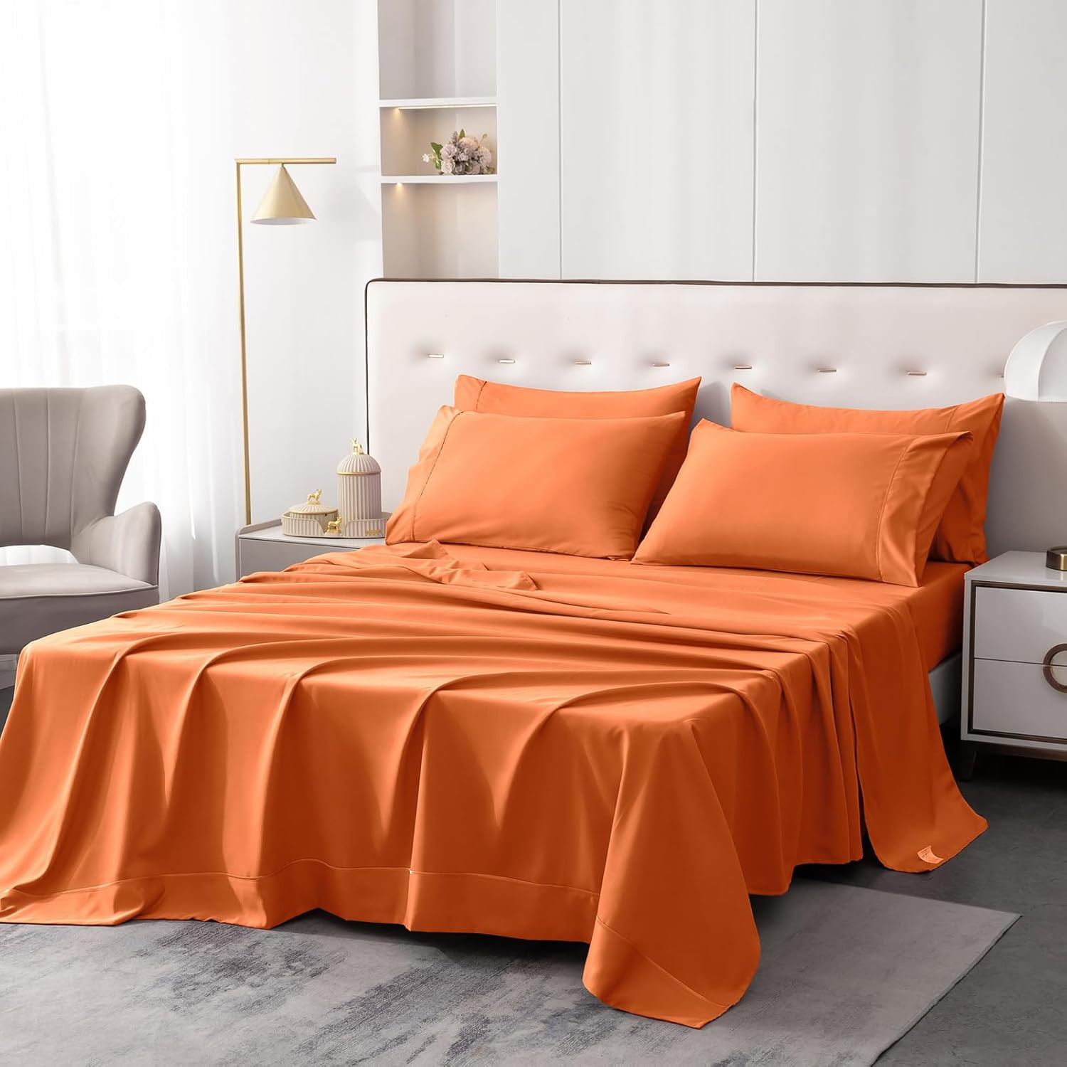 6 Pcs Pumpkin Orange Queen Bed Sheets, Queen Size Sheet Set Deep Pocket Fit for