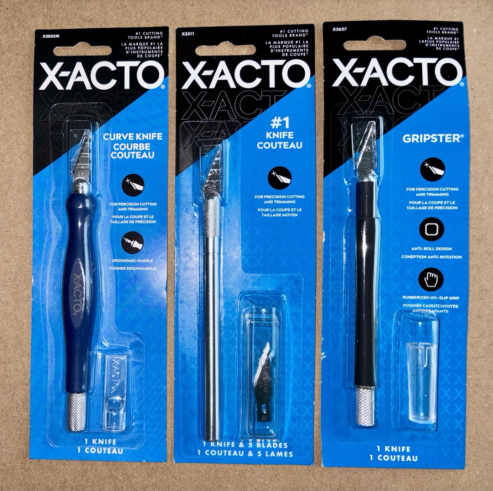 X-ACTO Precision Hobby Knife 3pk Set Curve #1 Gripster NEW Knives Card Stencil