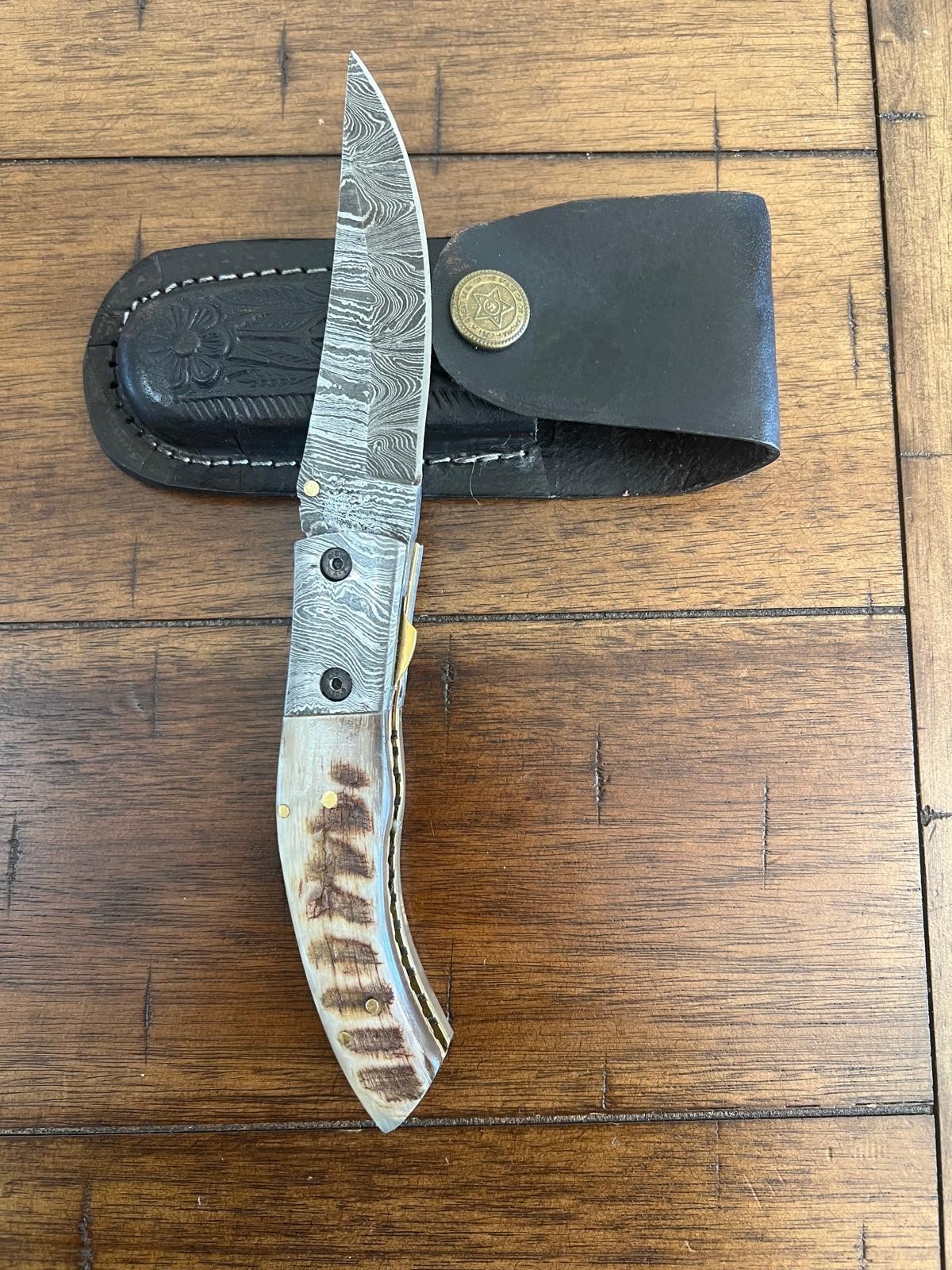 8" CUSTOM HANDMADE DAMASCUS RAM HORN HANDLE FOLDING KNIFE WITH SHEATH F1
