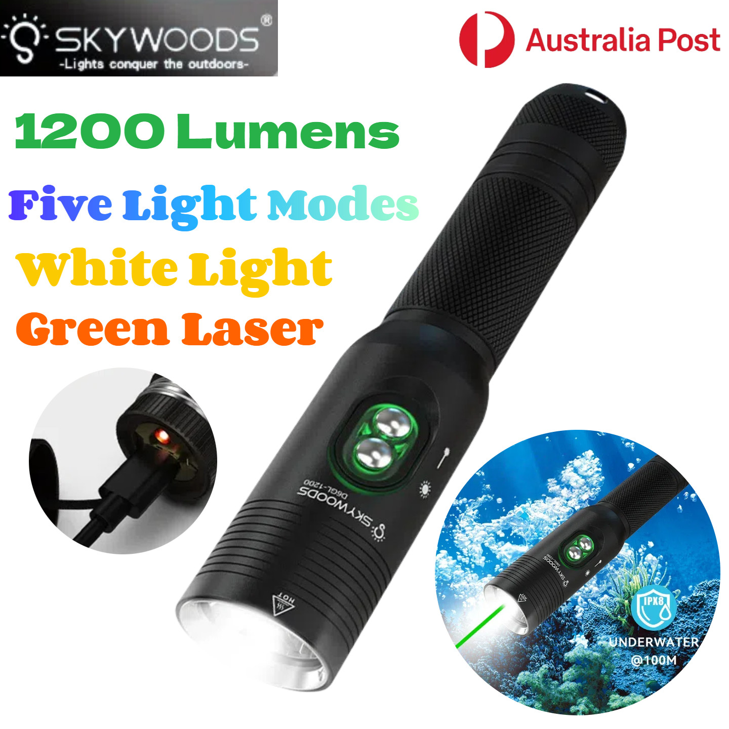 Dive Flashlight Torch 1200 Lumens Green Laser Light Waterproof Scuba Underwater