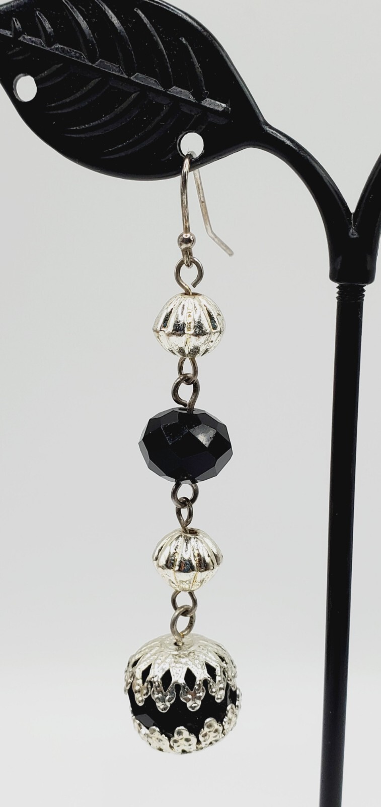 2.5" Asymmetrical Black Crystal & Silver Tone Dangling Pierced Earrings