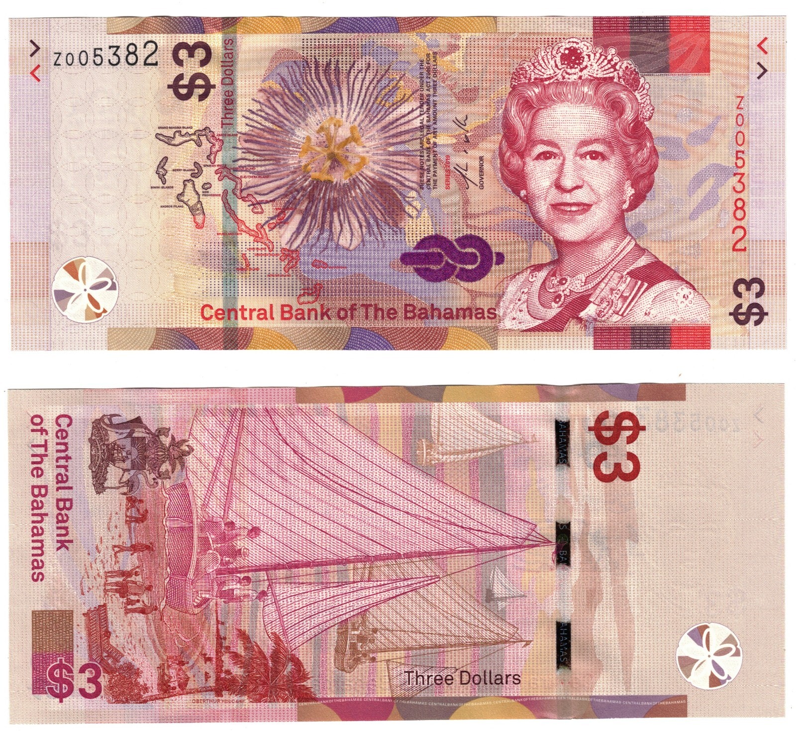 2019 Bahamas Banknote Pw78 3 dollars  UNC Replacement Z Prefix