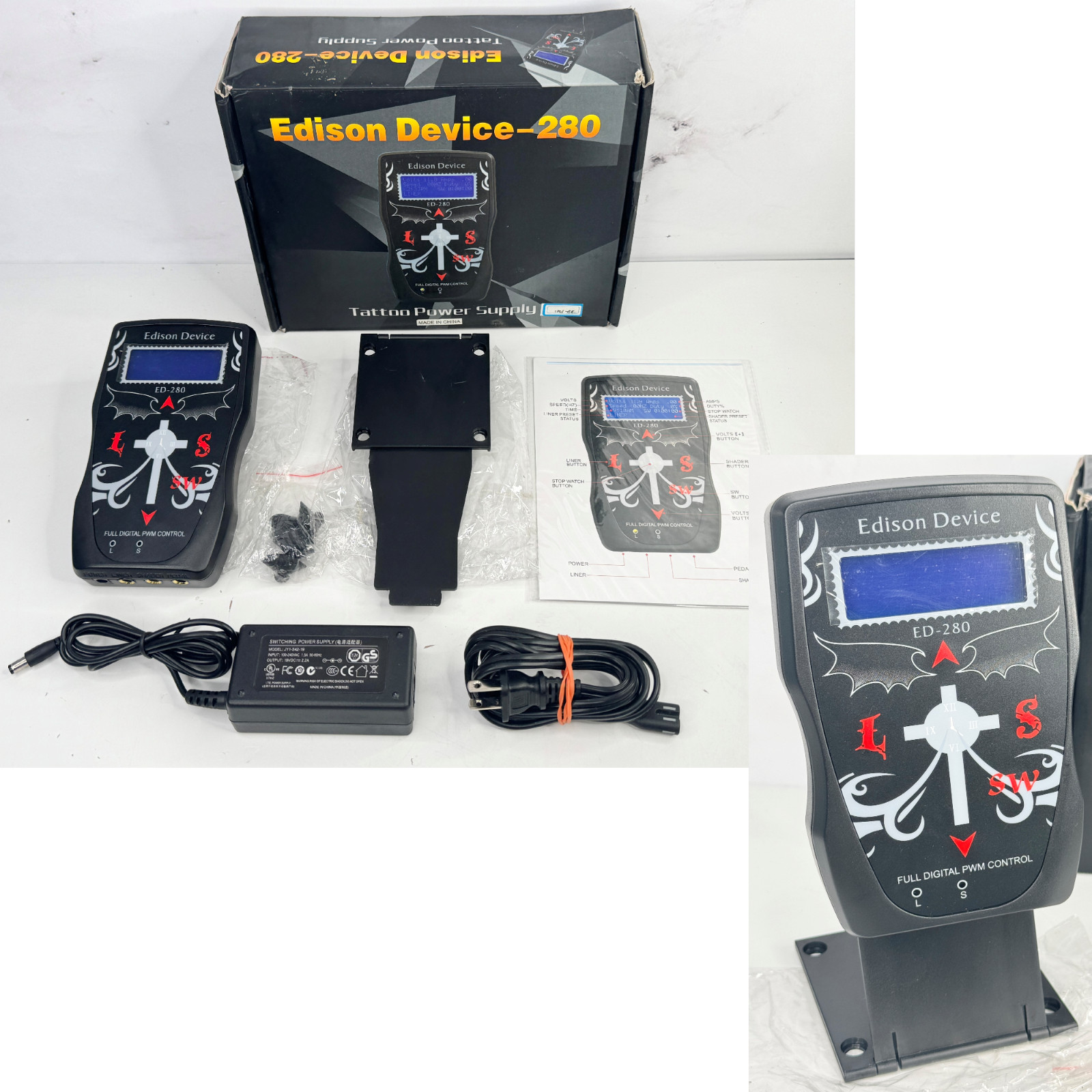 New/Open Box - (2) Edison Device-280 Digital Tattoo Power Supply Remote