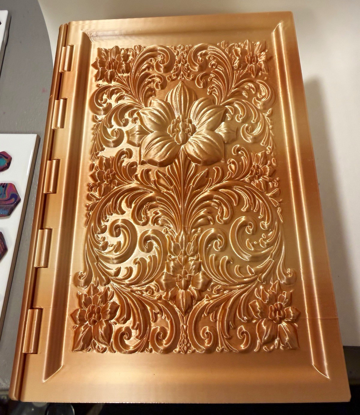 Copper/Golden Embossed Floral Flower Hinged Rectangular Decorative Book Box