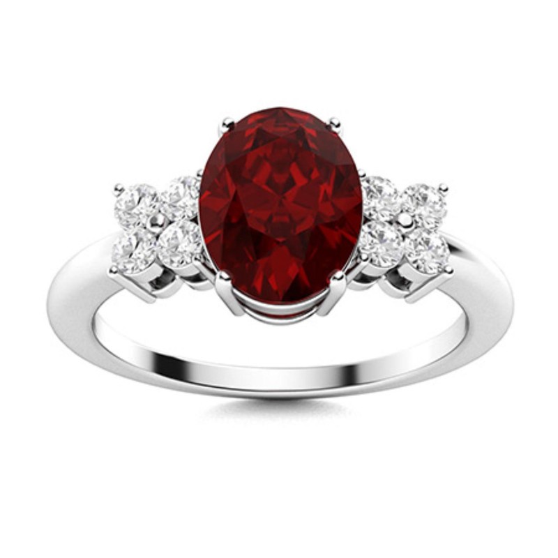 8x6mm Oval Garnet Ring 925 Sterling Silver Cluster Side Women Weddding Ring