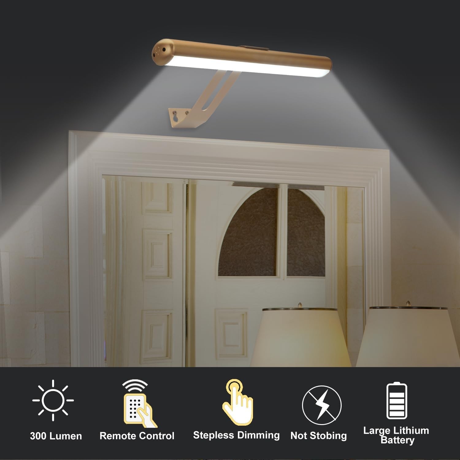 Picture Light, Rechargeable Light for Paintings with Remotes, Gold