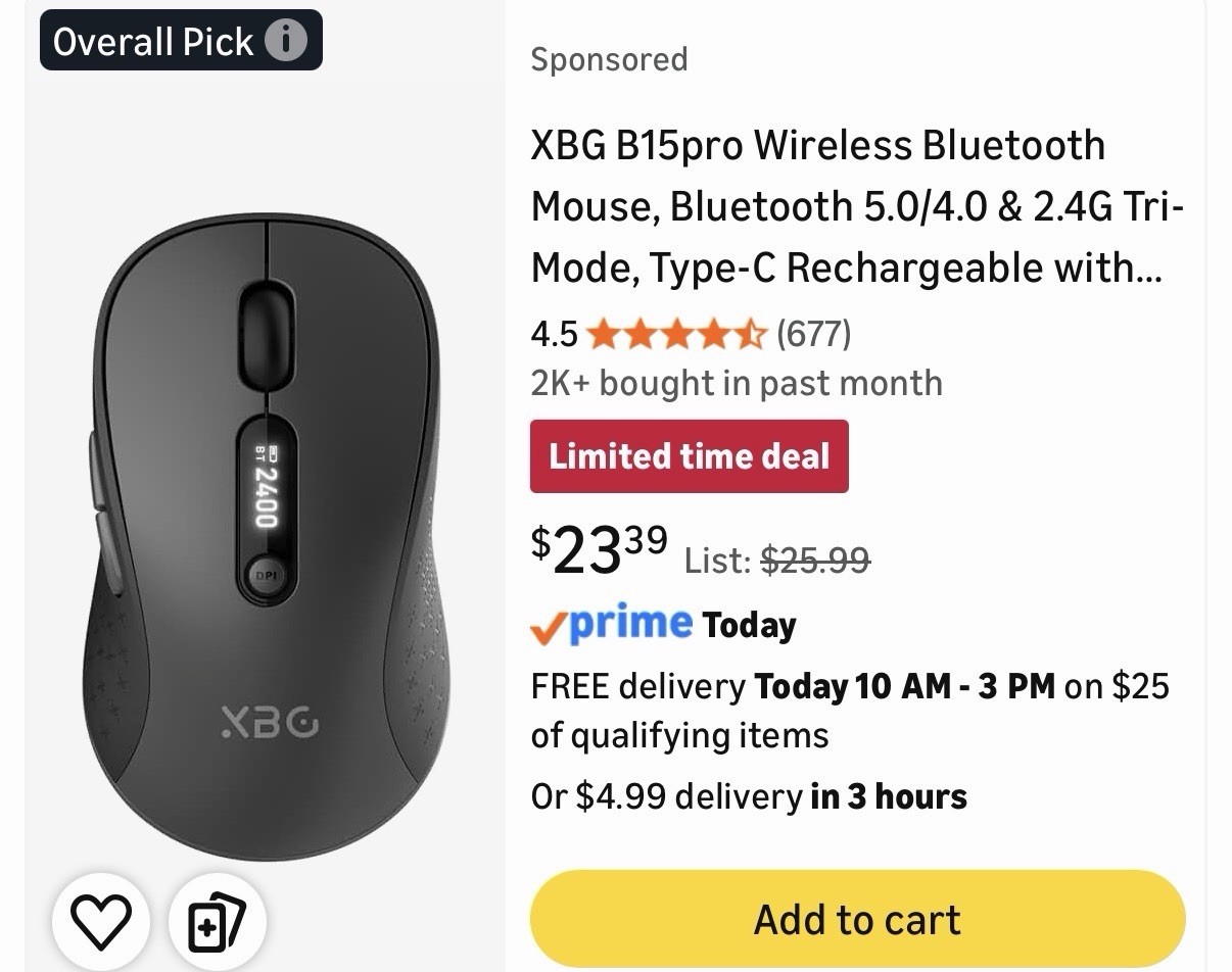 XBG B15 PRO Wireless Rechargeable Ergonomic Mouse, Adjustable DPI, Black