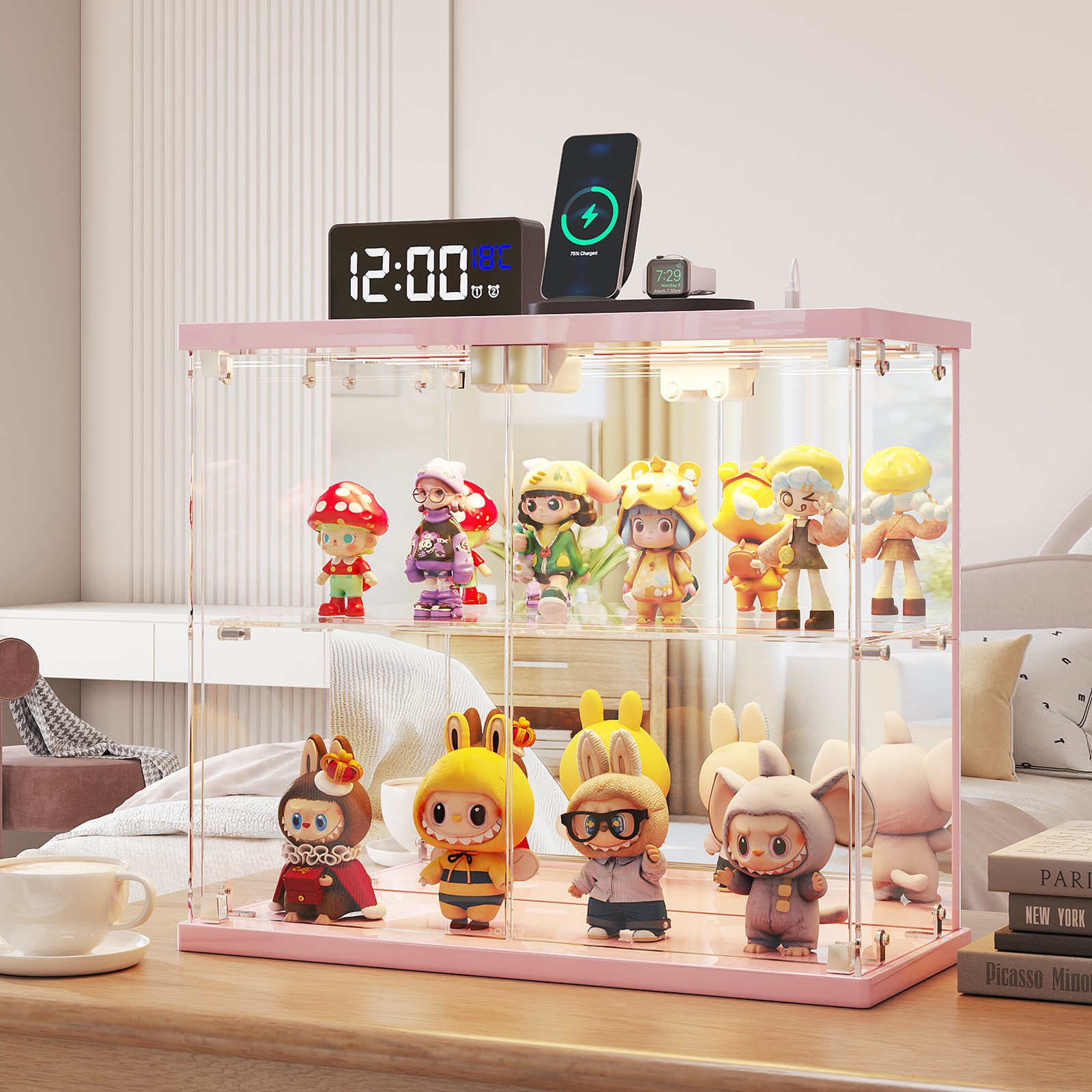 Display Case with 3 Color LED Lights for Action Figure, 2-Tier Clear Display Box