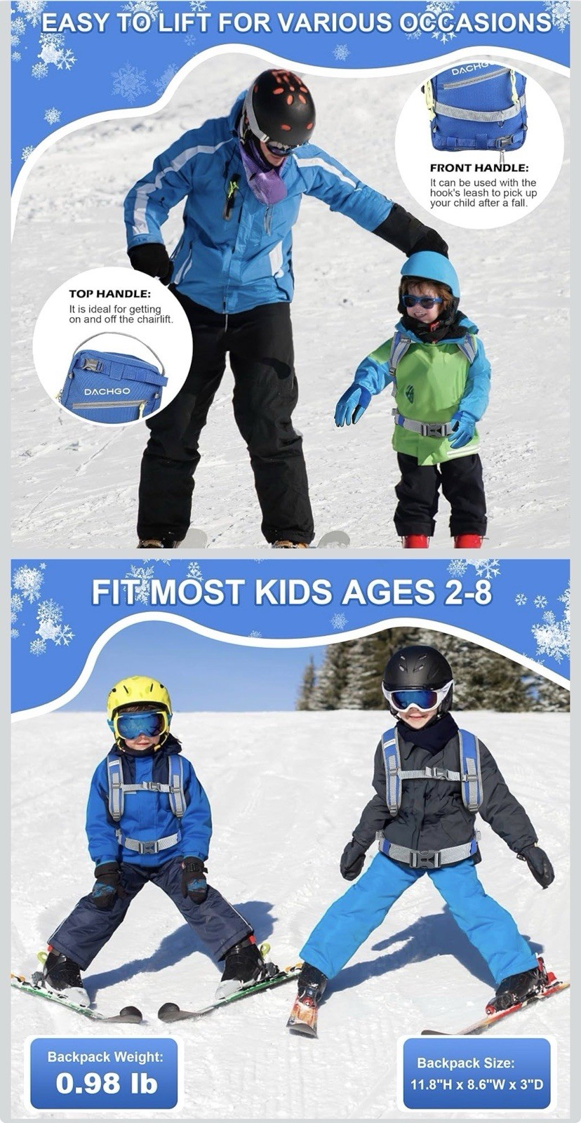 Ski and Snowboard Harness with Training Leash for Kids Blue