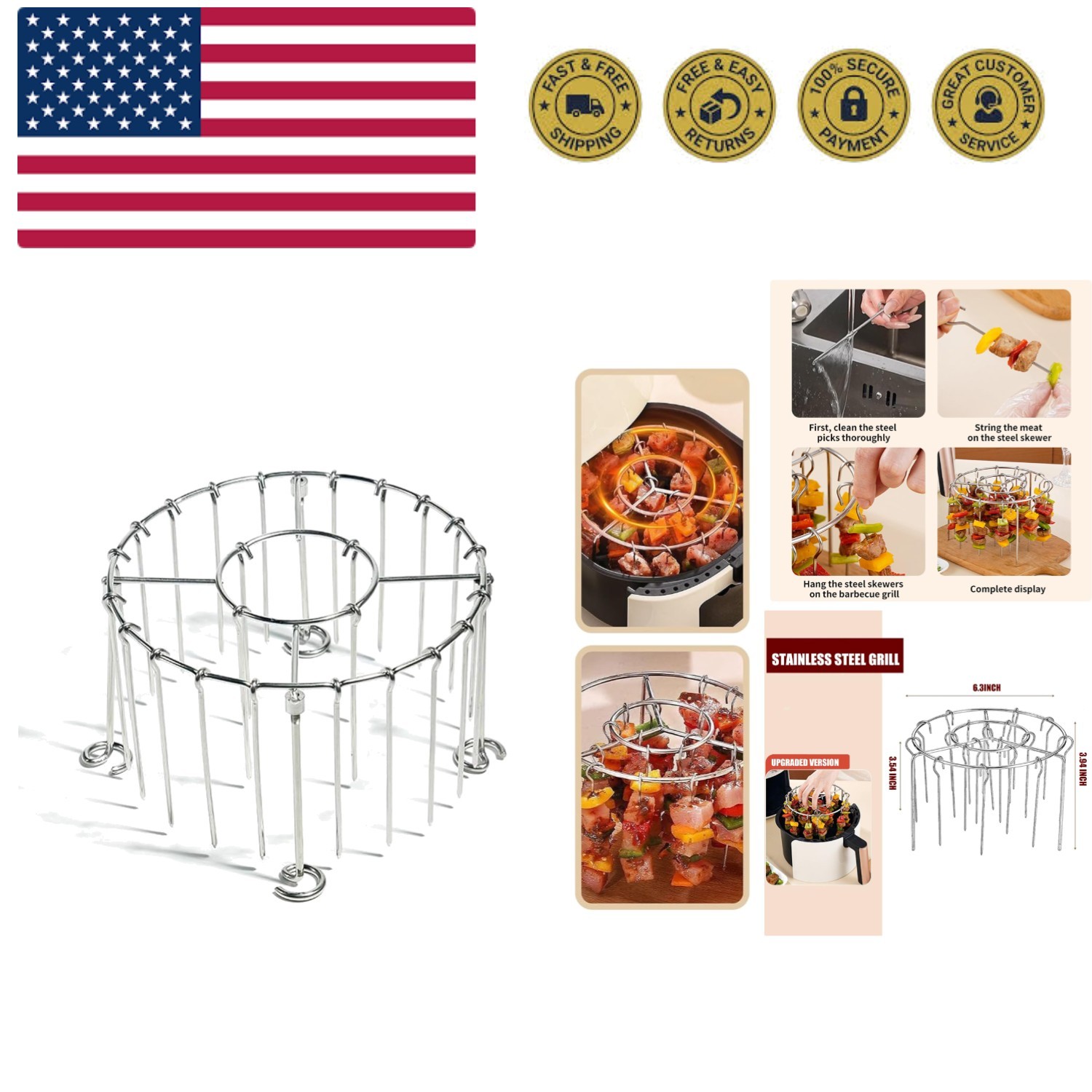 2025 New Air Fryer Grill Skewer Rack, Stainless Steel BBQ Kabob Set, 30 Verti...