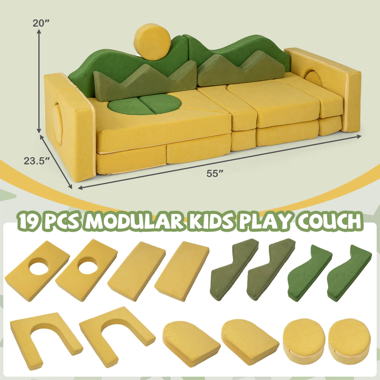 19PCS Modular Kids Play Couch: Sunrise Theme Toddler Foam Fort for Playroom.