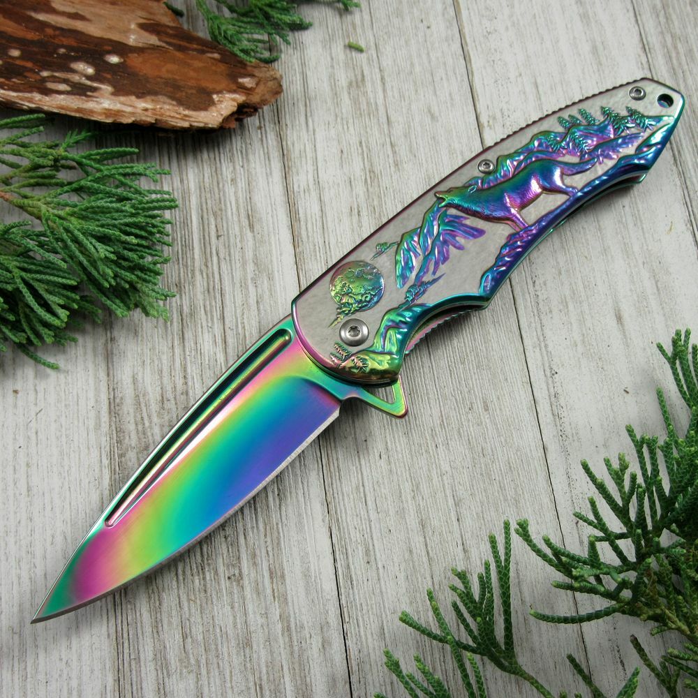 SPRING-ASSIST FOLDING POCKET KNIFE | Rainbow Blade Howling Wolf Tactical Hunter