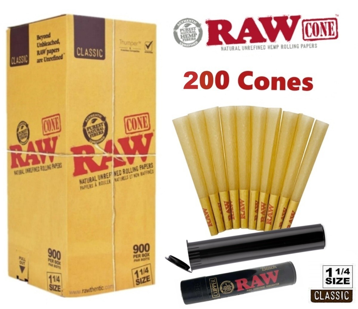 Authentic RAW Classic 1 1/4 Size Pre-Rolled Cones 200 Pack 🌟 Tube 🌟  Lighter