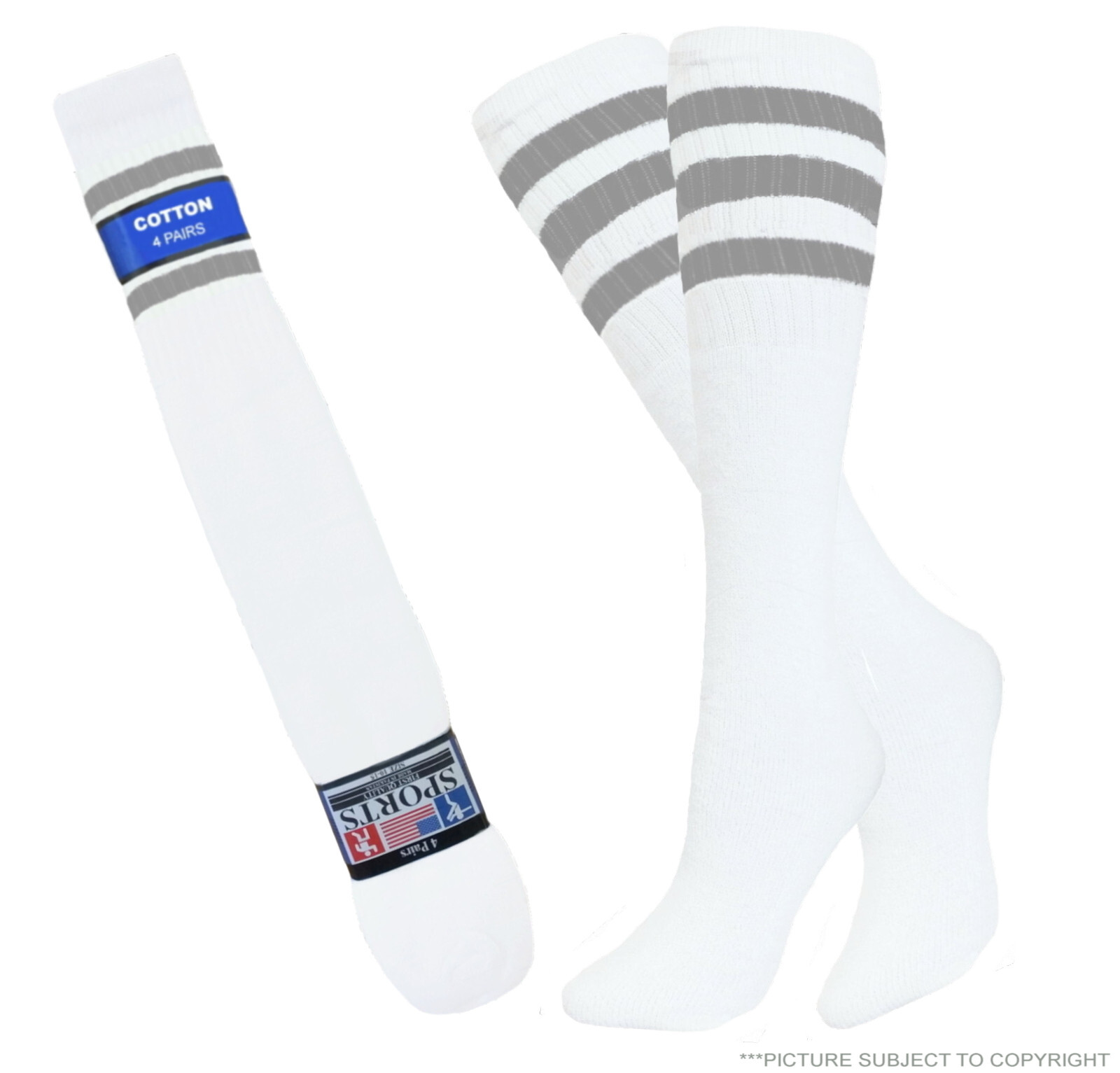 4 PAIRS TUBE SOCKS BIG & TALL WHITE GRAY STRIPES LONG SOCKS 21 INCH SIZE 10-15