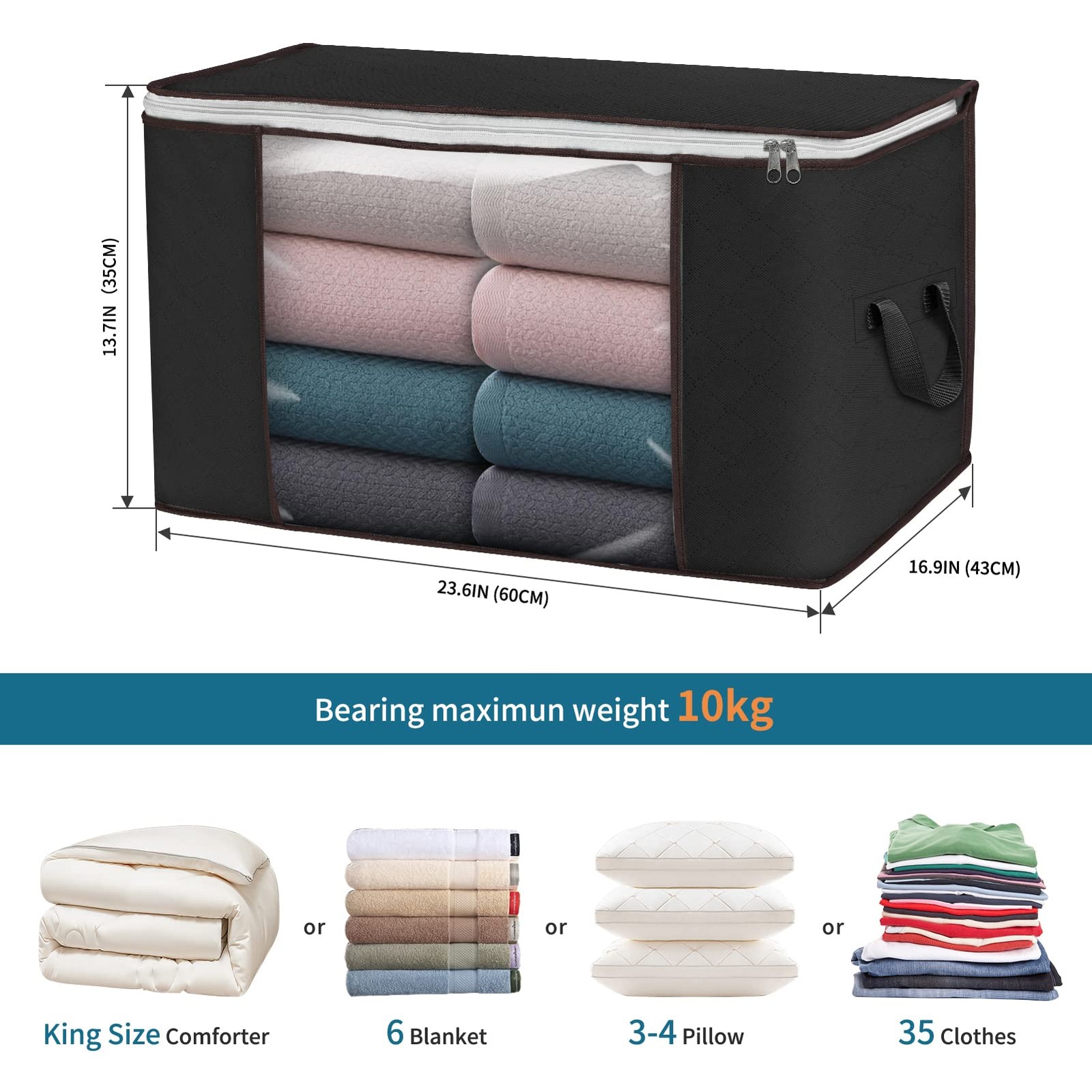 Large Storage Bags, 6 Pack Clothes Bins Foldable Closet 6 Pack, Black