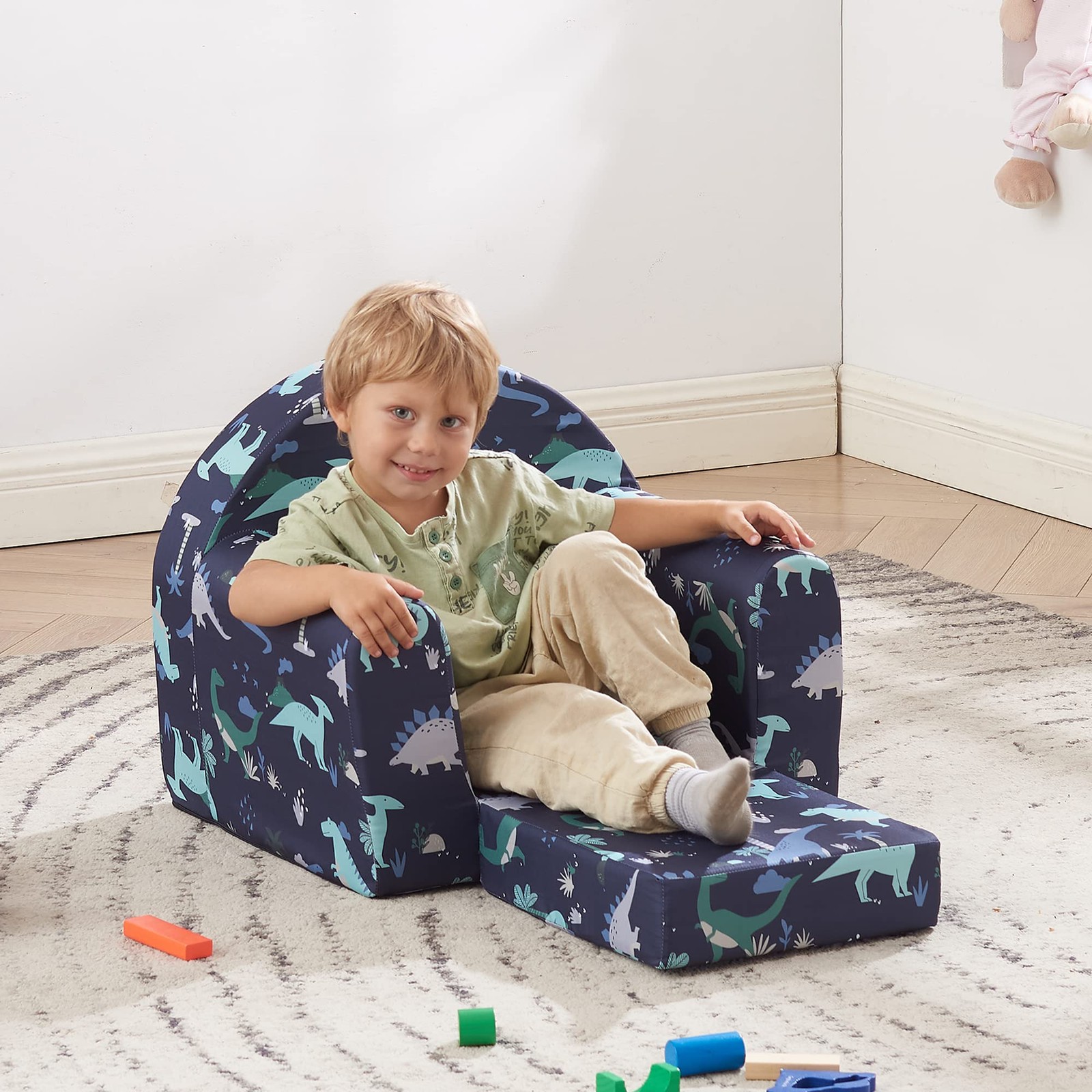 Sofa Couch, 2-in-1 Flip Out Couch, Baby Lounge Chair (Navy Dinosaur)