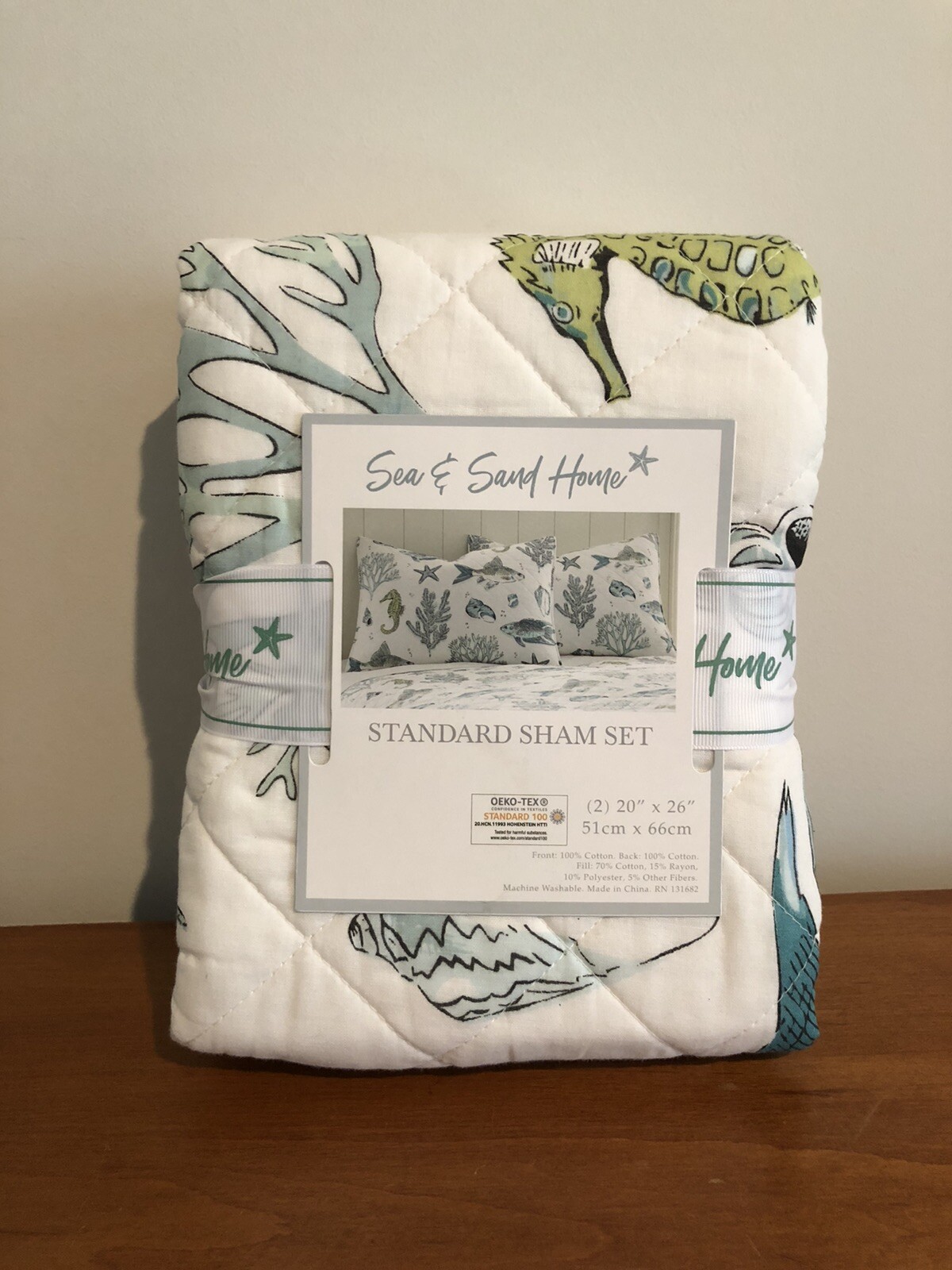 New Set of 2 Sea & Sand Home Fish Seahorse Quilted Standard Pillow Shams 20”x26”