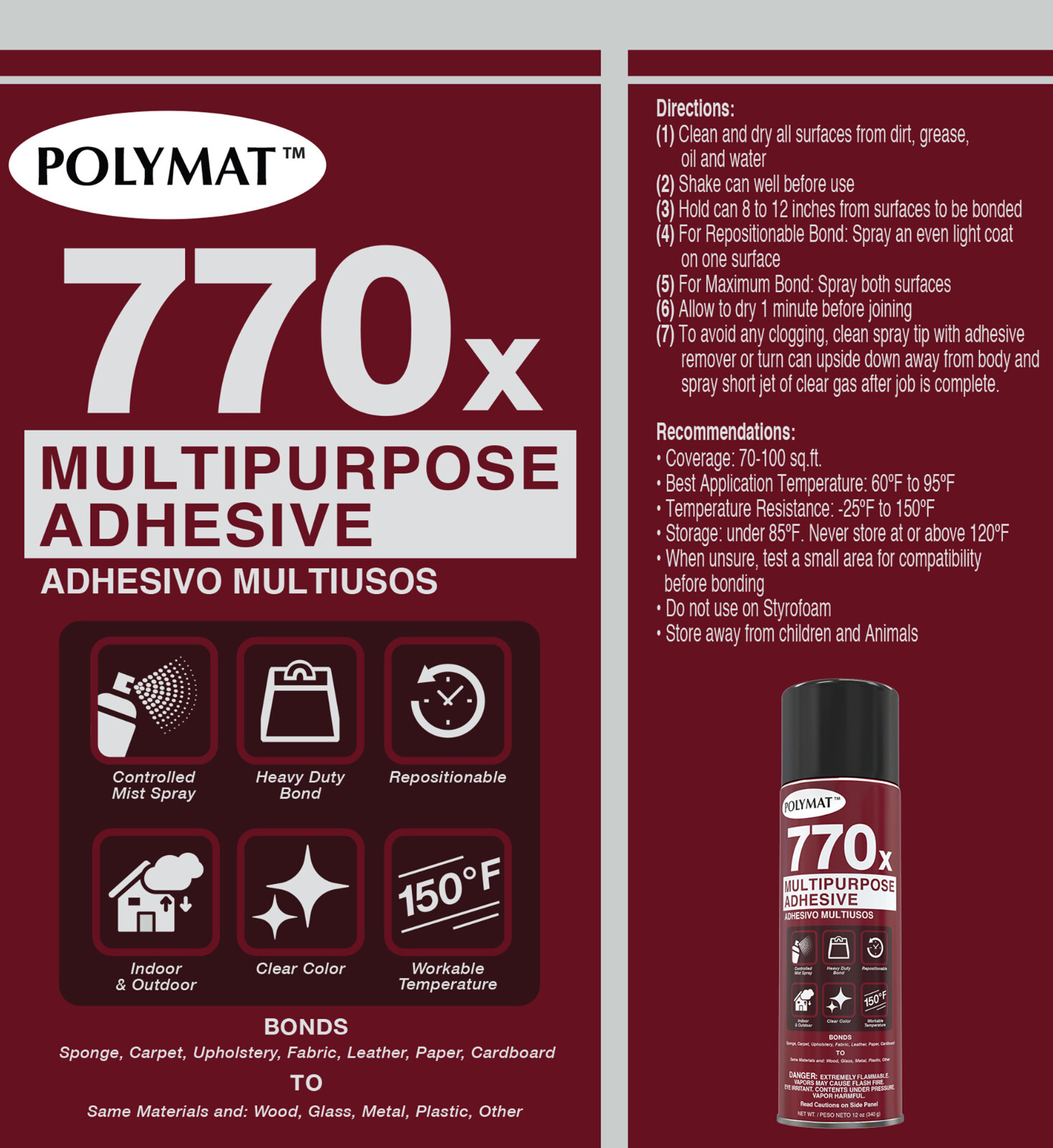 Polymat 770X Multipurpose CLEAR MIST Spray GLUE Adhesive High Tack Fast Dry