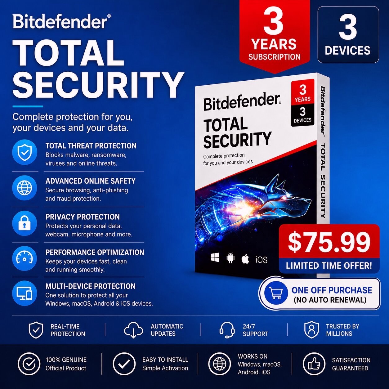 Bitdefender Total Security - 3 Years 3 Device / Windows, MAC, Android/Daily VPN