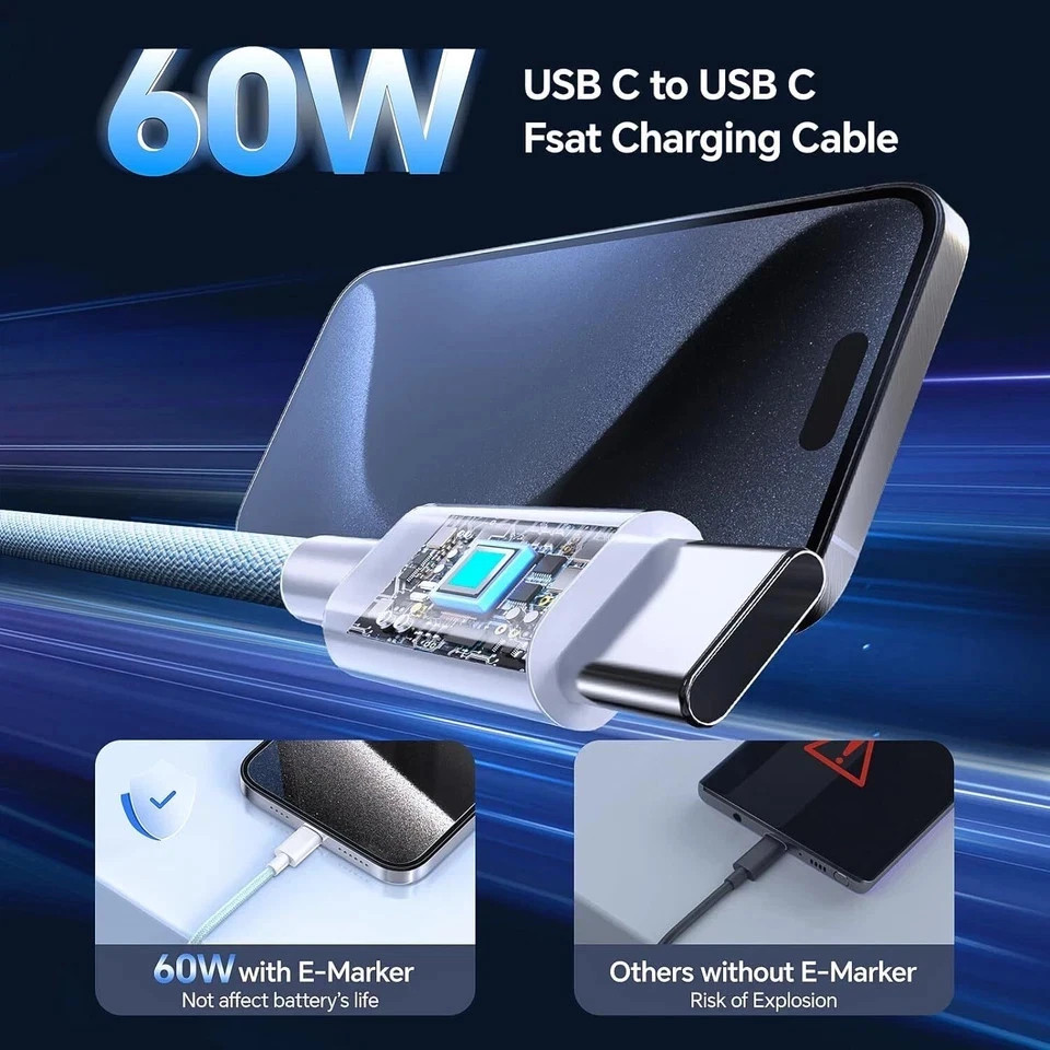 Type C to Type C Cable USB Fast Charger Lead For iPhone 16 17 Max & Samsung Plug